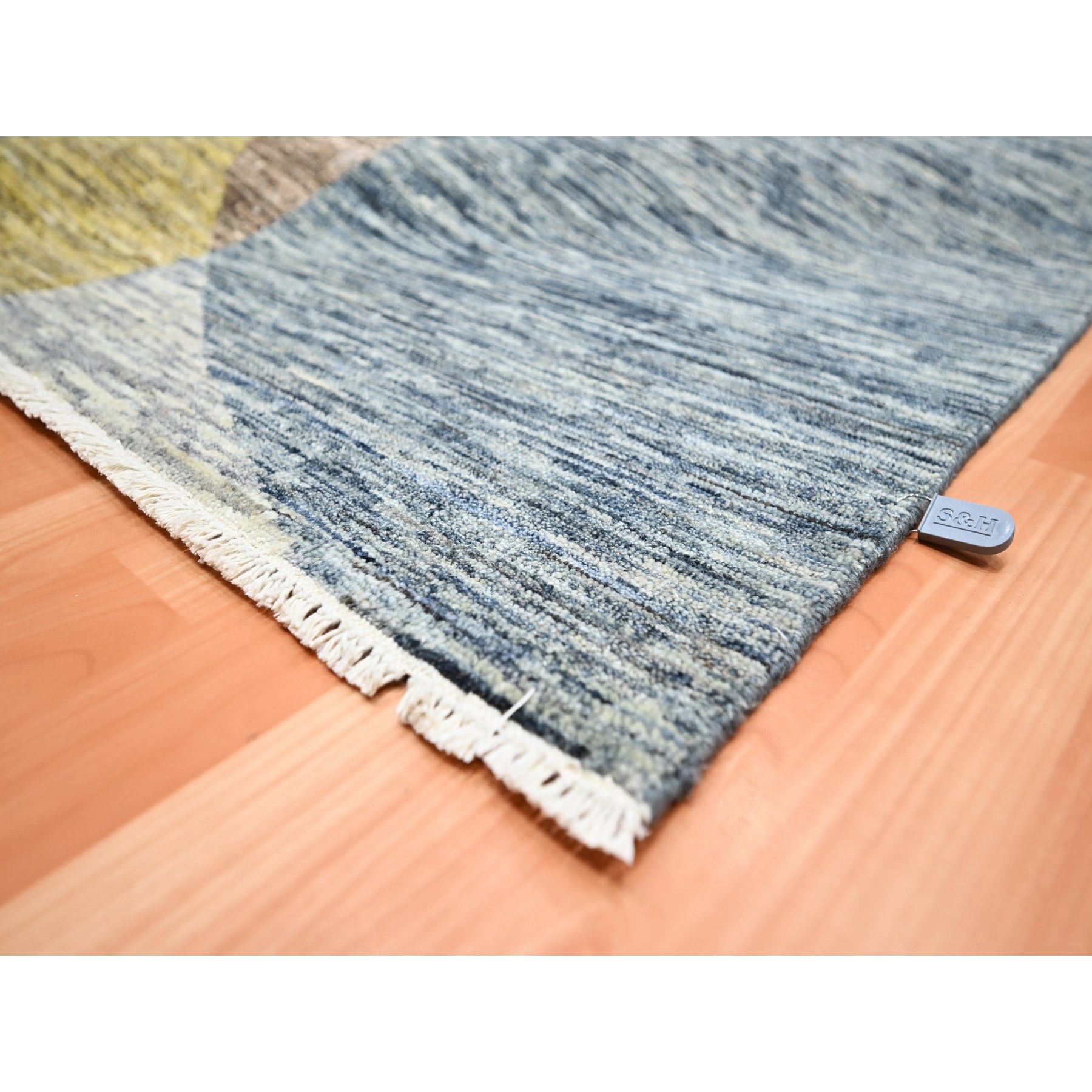 8'x10' Shades of Gray with Yellow, Modern, Bauhaus and Mid Century Inspired, Zero Pile, Sheared Low, 100% Pure Wool, Hand Knotted Oriental Rug Sh75507