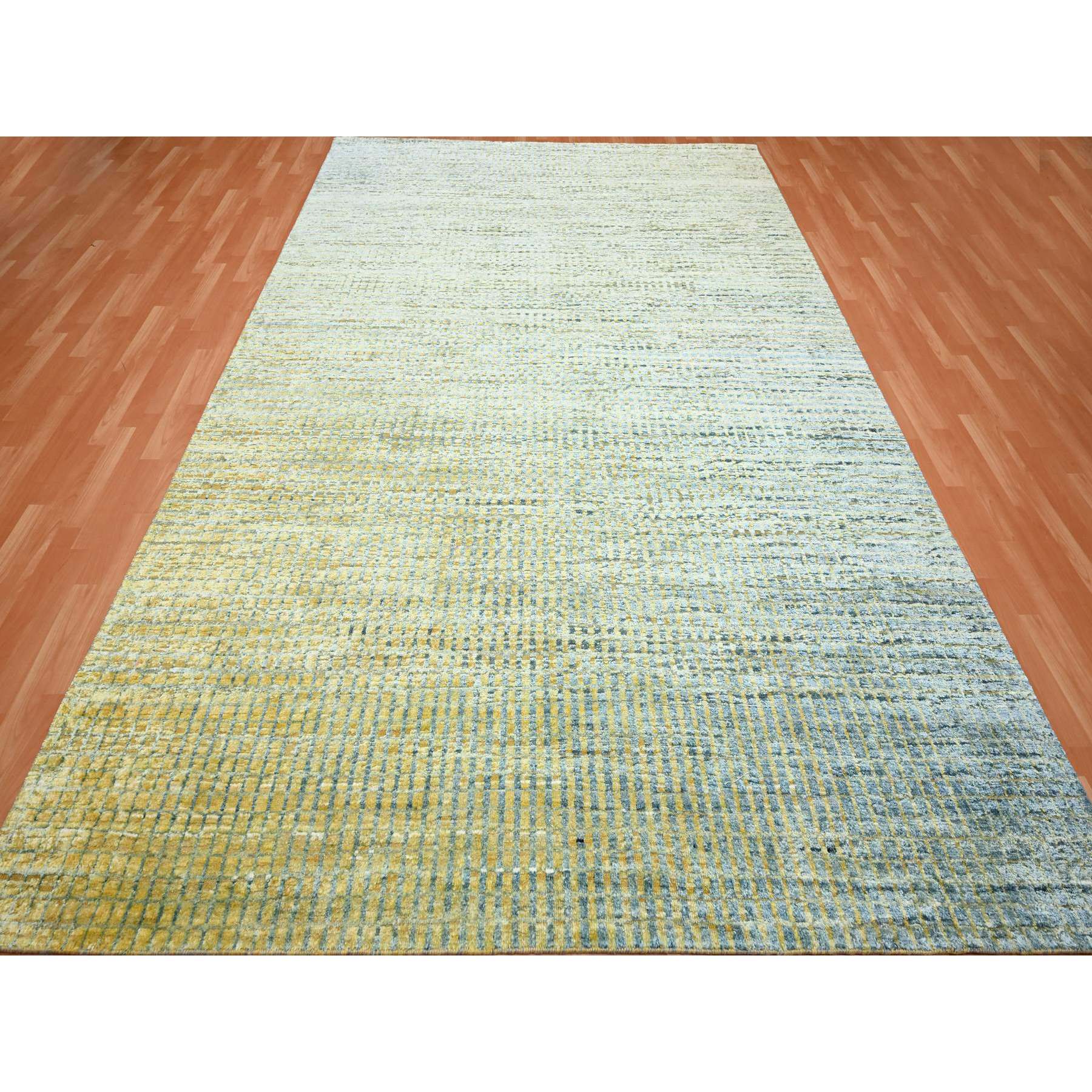 9'x12'2" Lemon Yellow, Modern, Mid Century Inspired Grid and Line Design, Wool & Pure Silk, Hand Knotted Oriental Rug Sh75509