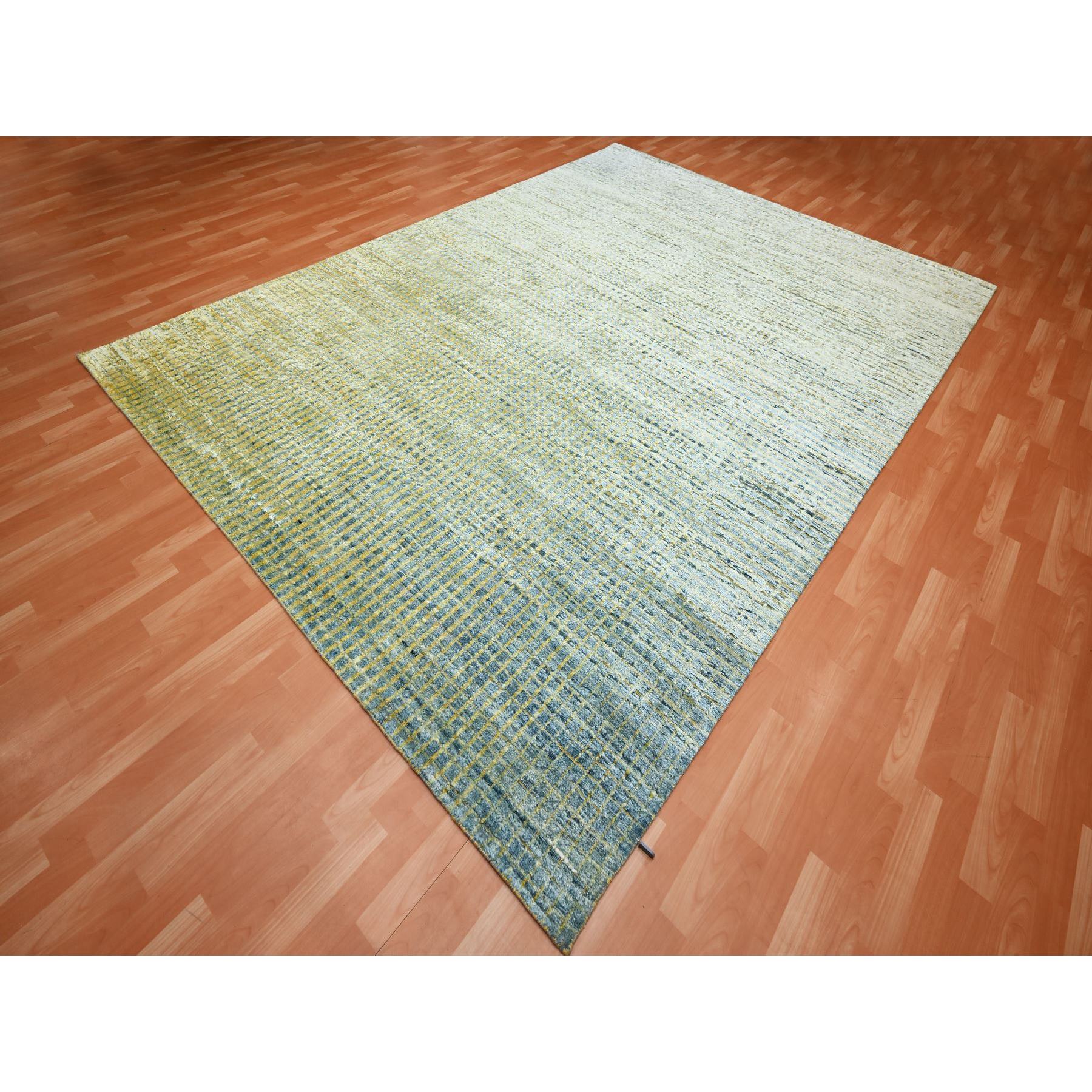 9'x12'2" Lemon Yellow, Modern, Mid Century Inspired Grid and Line Design, Wool & Pure Silk, Hand Knotted Oriental Rug Sh75509
