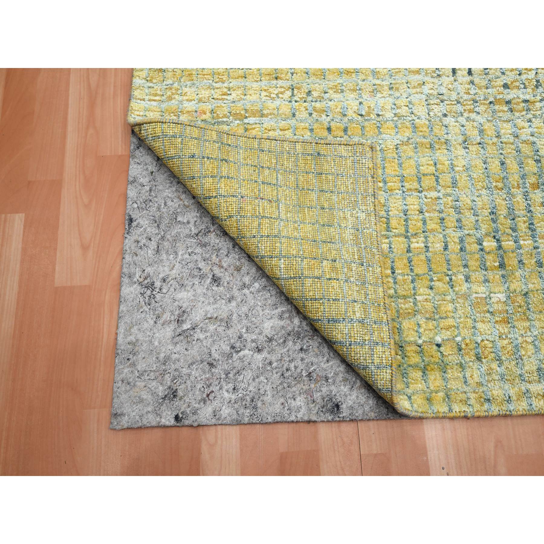 9'x12'2" Lemon Yellow, Modern, Mid Century Inspired Grid and Line Design, Wool & Pure Silk, Hand Knotted Oriental Rug Sh75509