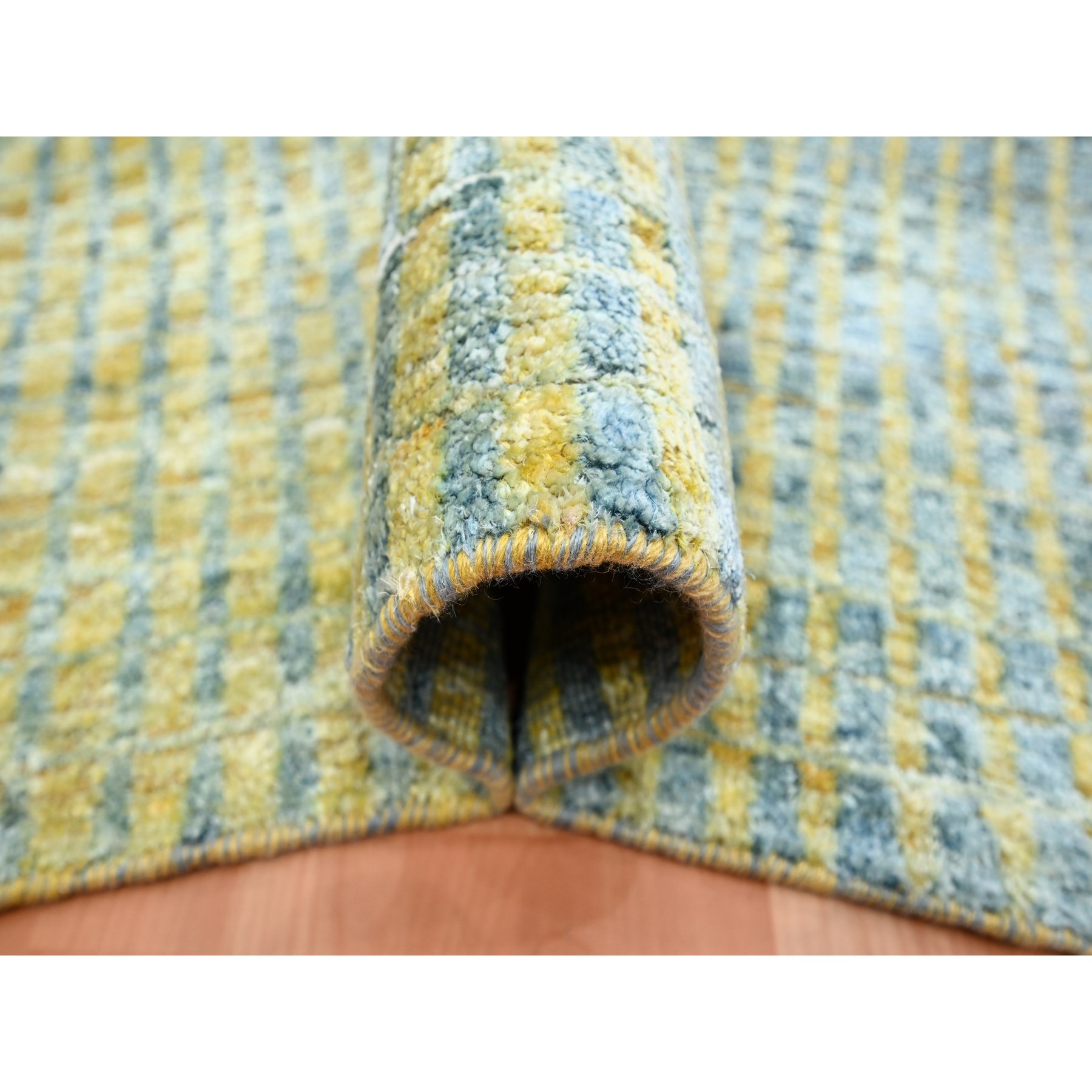 9'x12'2" Lemon Yellow, Modern, Mid Century Inspired Grid and Line Design, Wool & Pure Silk, Hand Knotted Oriental Rug Sh75509