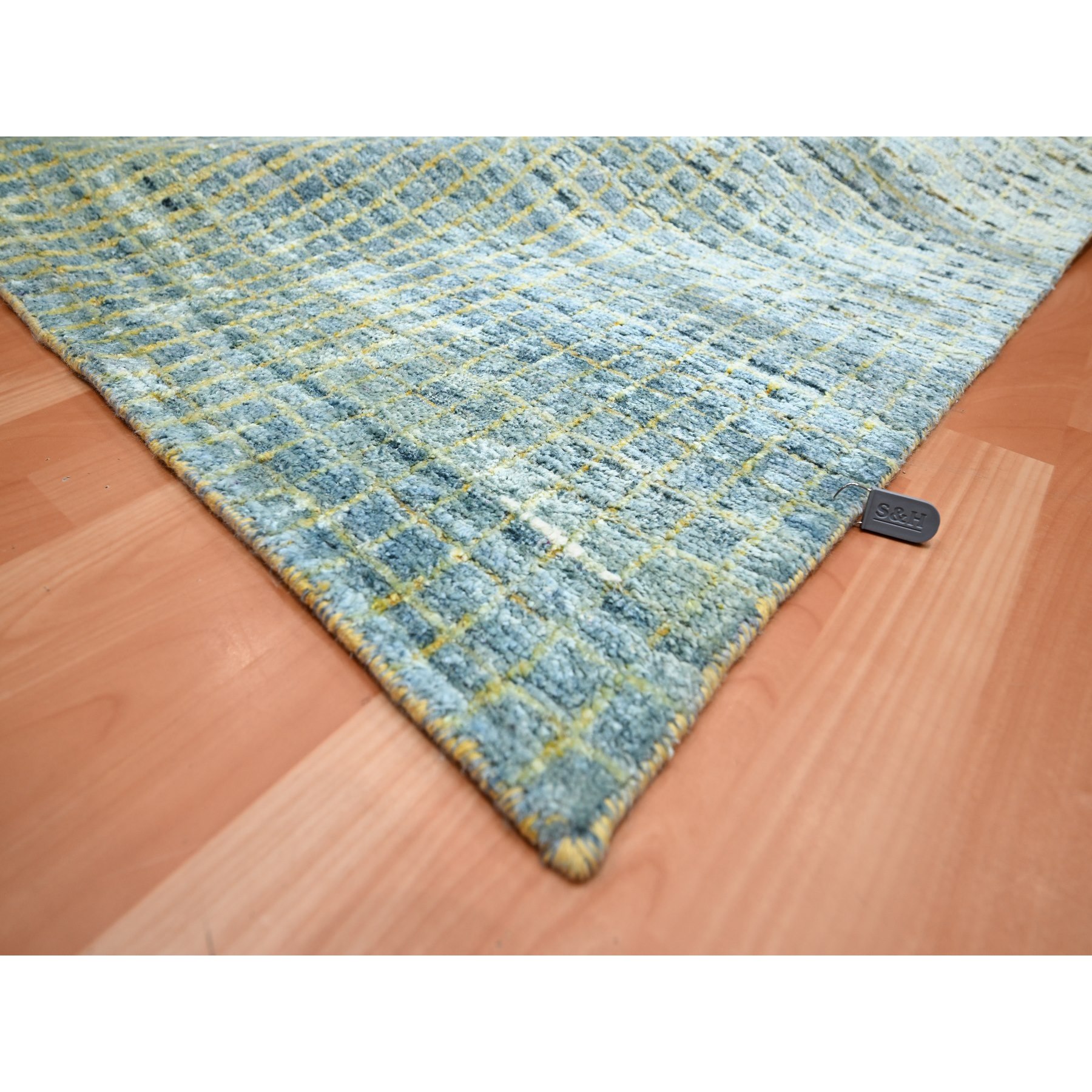 9'x12'2" Lemon Yellow, Modern, Mid Century Inspired Grid and Line Design, Wool & Pure Silk, Hand Knotted Oriental Rug Sh75509