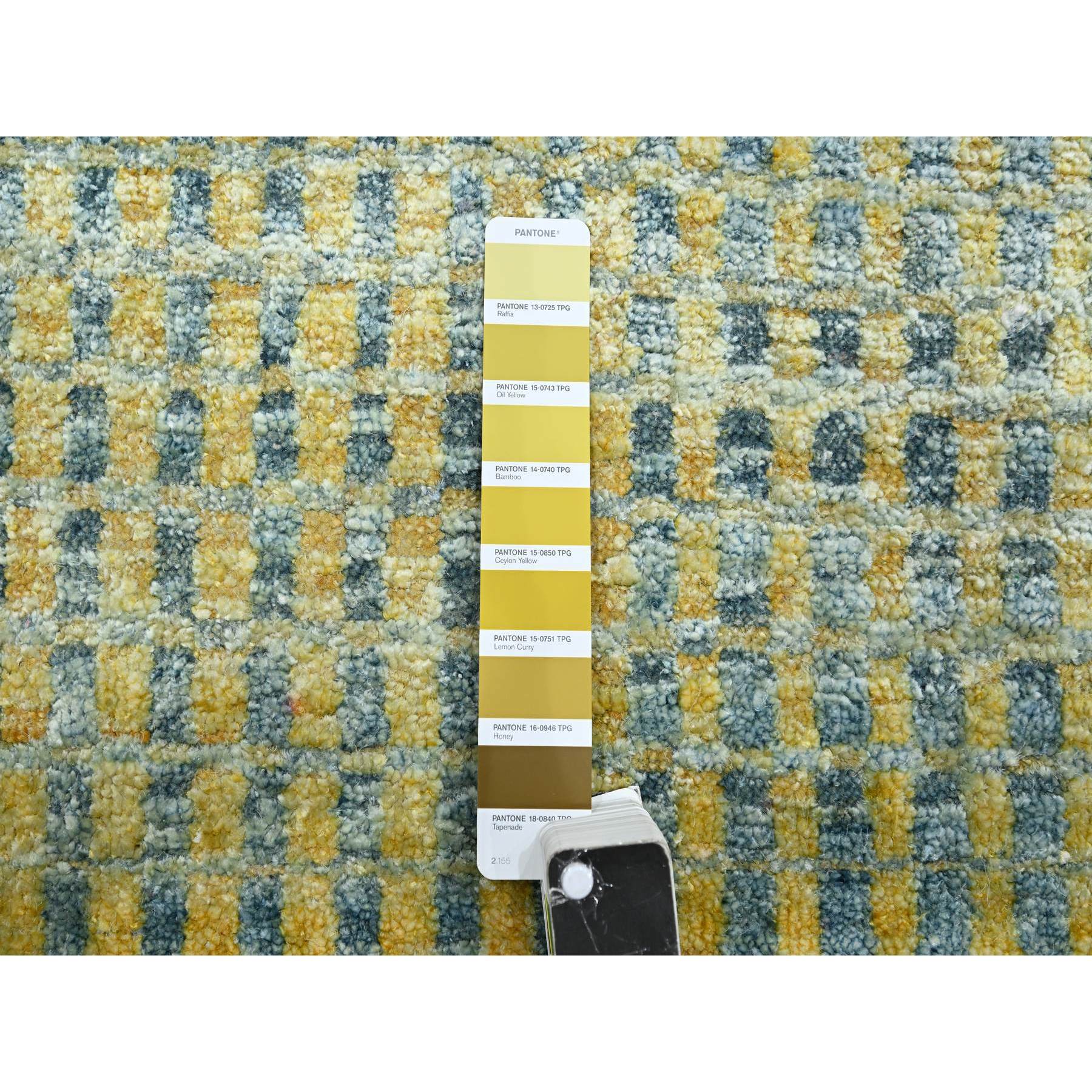 9'x12'2" Lemon Yellow, Modern, Mid Century Inspired Grid and Line Design, Wool & Pure Silk, Hand Knotted Oriental Rug Sh75509
