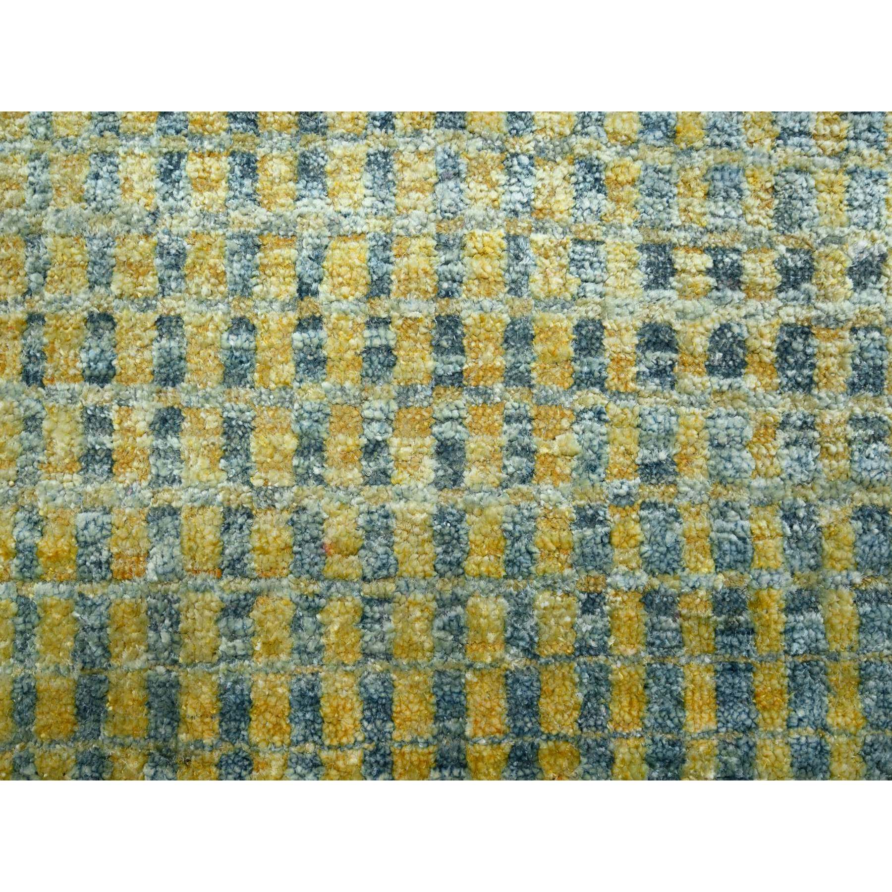 9'x12'2" Lemon Yellow, Modern, Mid Century Inspired Grid and Line Design, Wool & Pure Silk, Hand Knotted Oriental Rug Sh75509