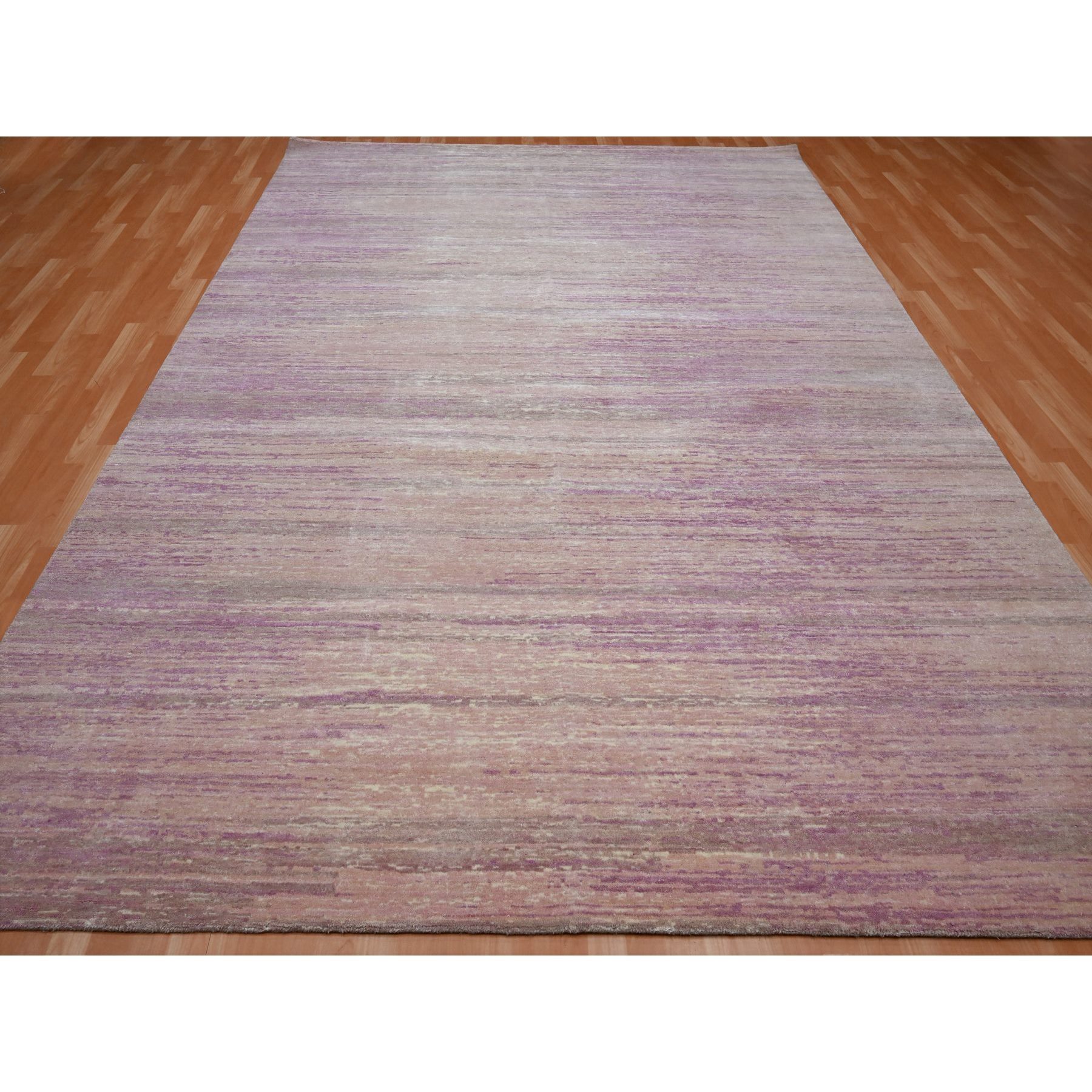 9'x12'3" Flamingo Pink with Ivory, Horizontal Ombre Design, Hand Knotted, Pure Wool, Oriental Rug Sh75512