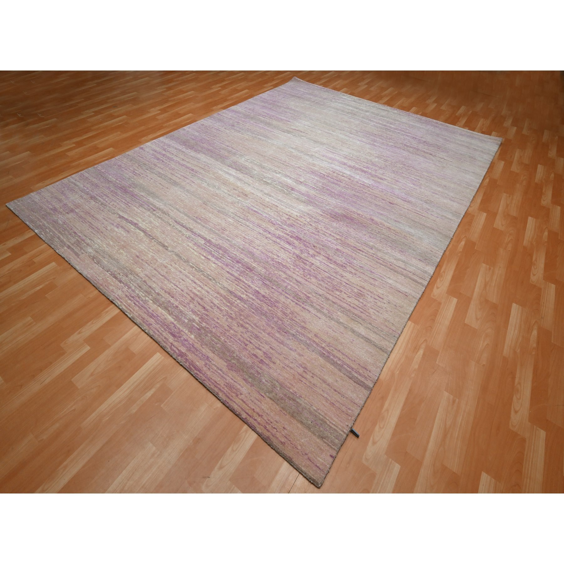 9'x12'3" Flamingo Pink with Ivory, Horizontal Ombre Design, Hand Knotted, Pure Wool, Oriental Rug Sh75512