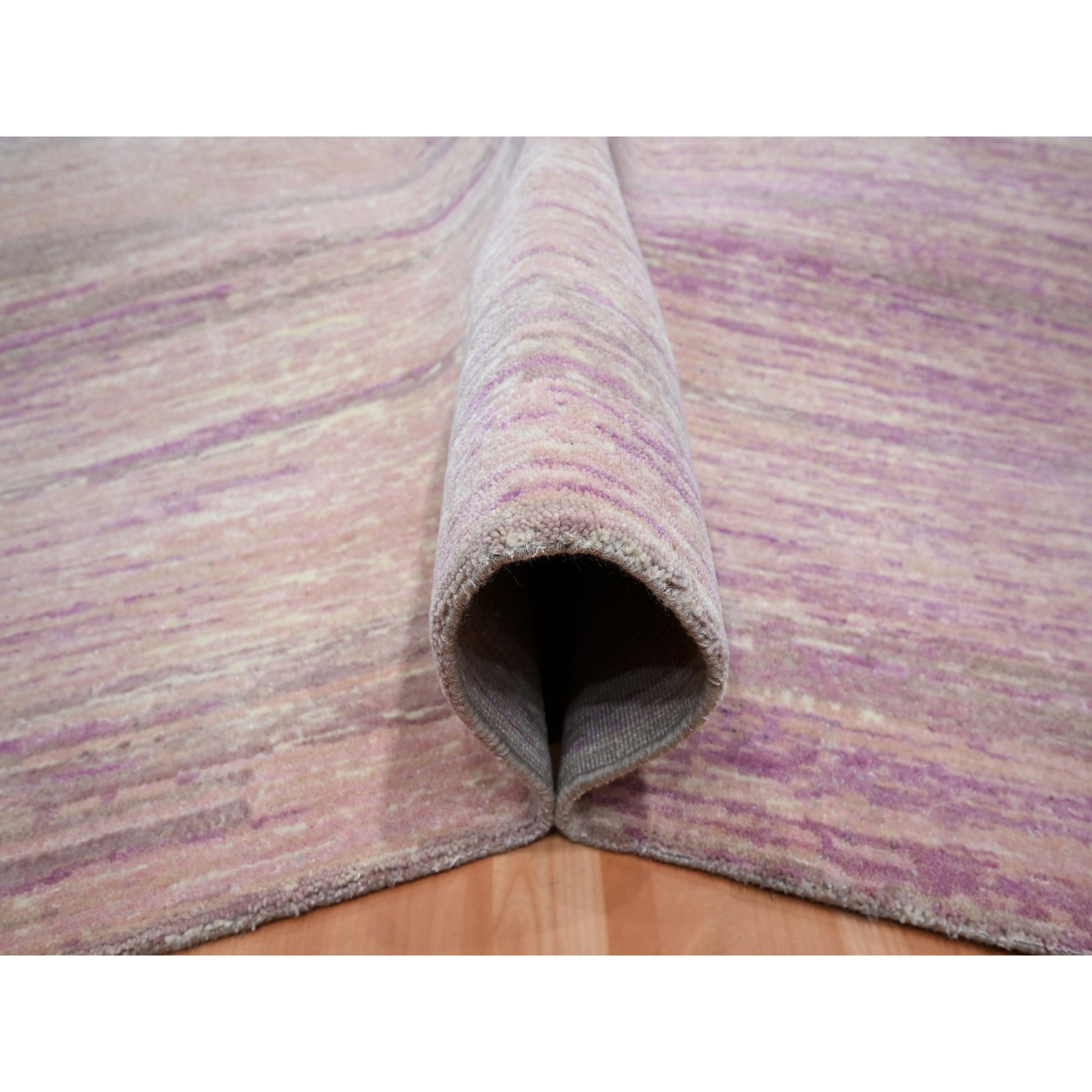 9'x12'3" Flamingo Pink with Ivory, Horizontal Ombre Design, Hand Knotted, Pure Wool, Oriental Rug Sh75512
