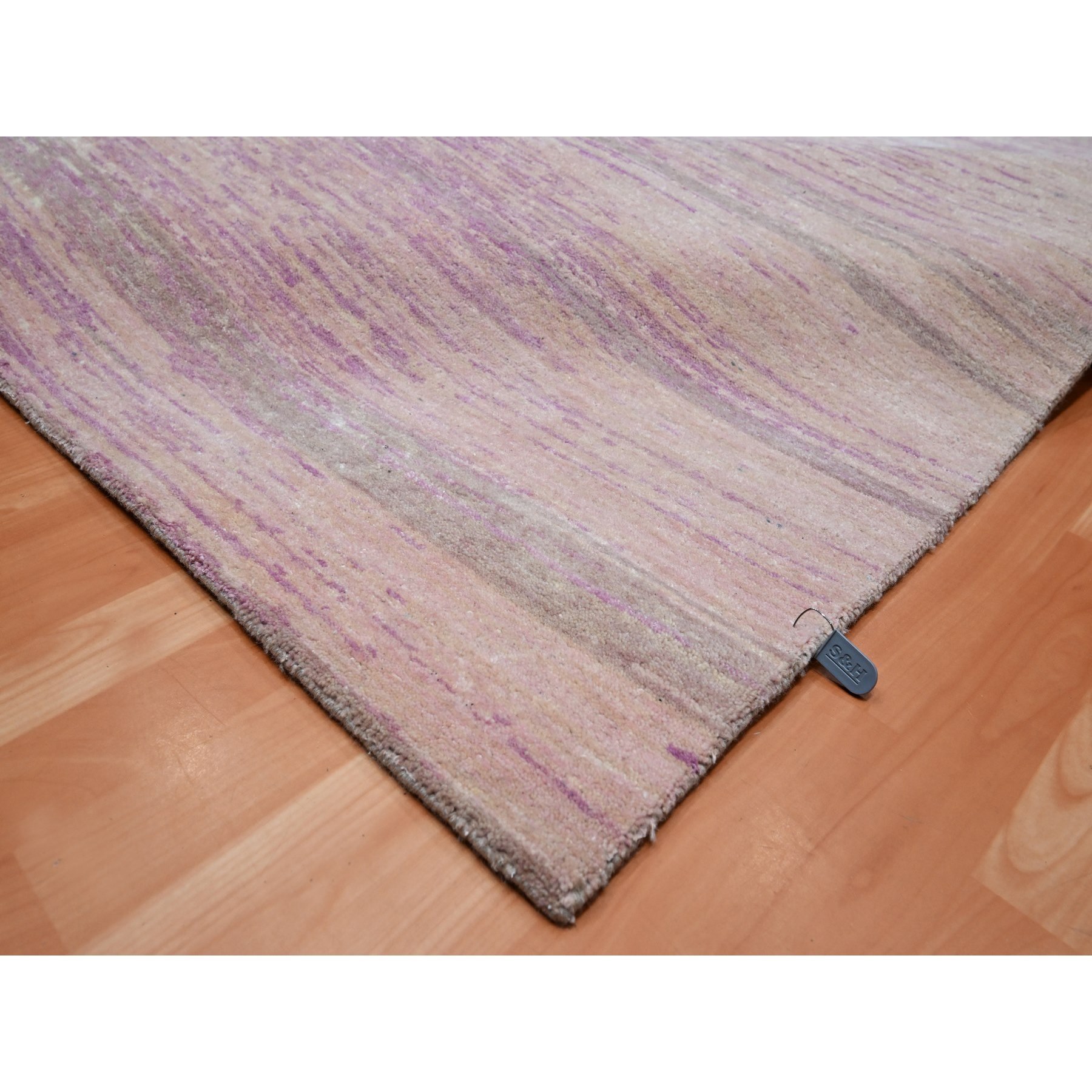 9'x12'3" Flamingo Pink with Ivory, Horizontal Ombre Design, Hand Knotted, Pure Wool, Oriental Rug Sh75512