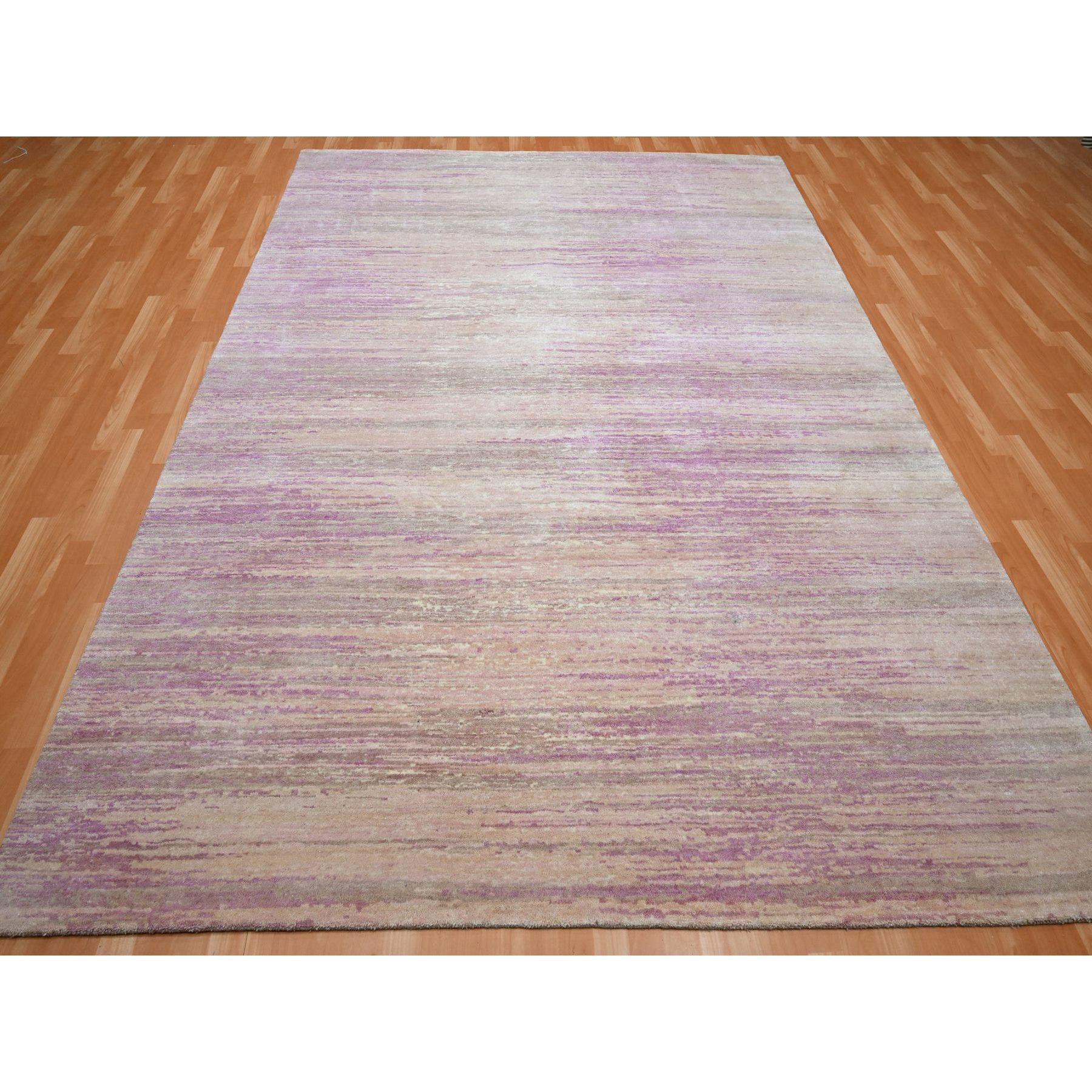 8'1"x10'3" Fuscia Pink with Ivory, Horizontal Ombre Design, Hand Knotted, Pure Wool, Oriental Rug Sh75513