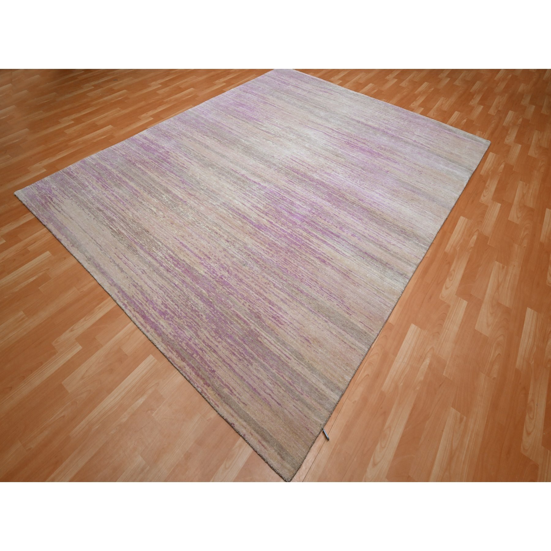 8'1"x10'3" Fuscia Pink with Ivory, Horizontal Ombre Design, Hand Knotted, Pure Wool, Oriental Rug Sh75513