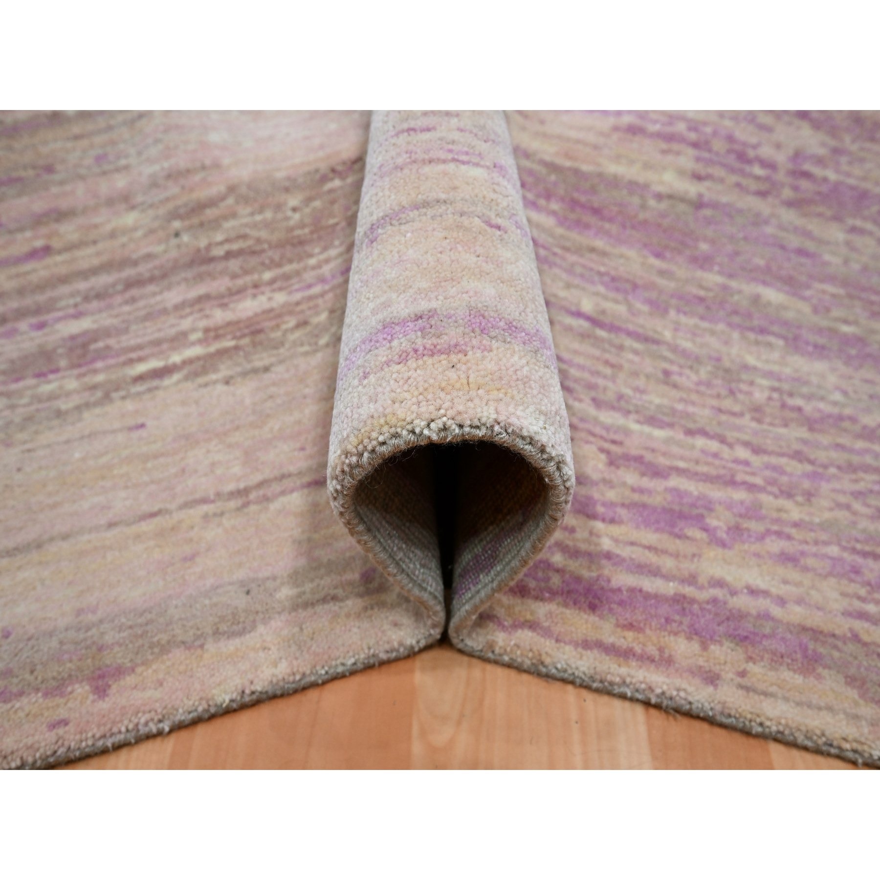 8'1"x10'3" Fuscia Pink with Ivory, Horizontal Ombre Design, Hand Knotted, Pure Wool, Oriental Rug Sh75513