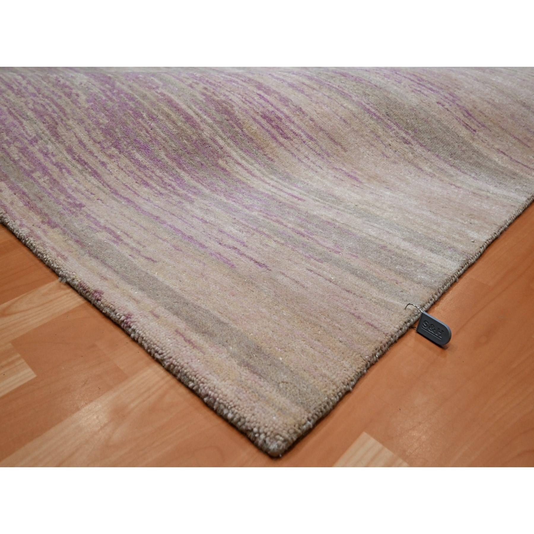 8'1"x10'3" Fuscia Pink with Ivory, Horizontal Ombre Design, Hand Knotted, Pure Wool, Oriental Rug Sh75513