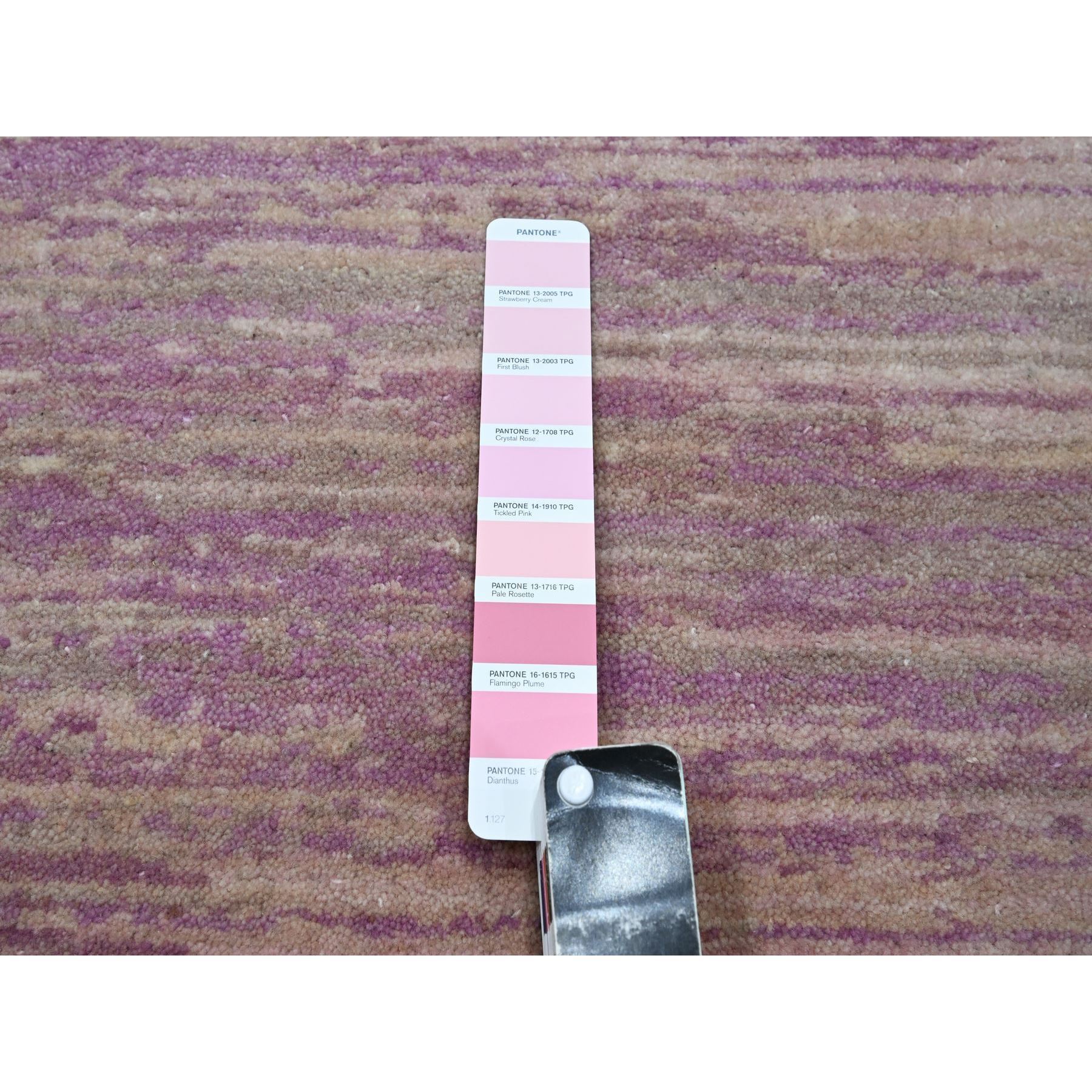8'1"x10'3" Fuscia Pink with Ivory, Horizontal Ombre Design, Hand Knotted, Pure Wool, Oriental Rug Sh75513