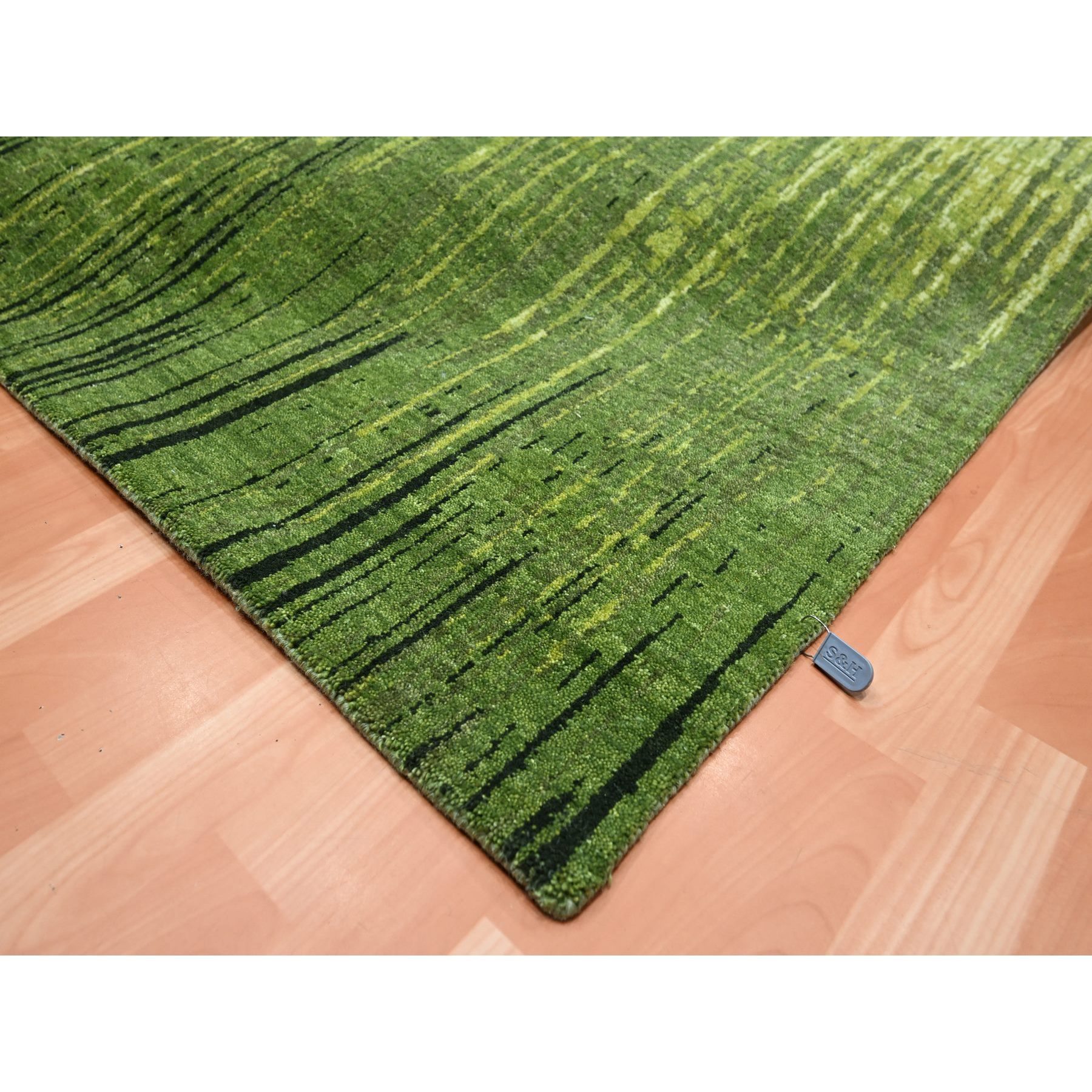 8'2"x10'3" Pickle Green, Vertical Ombre Design, Hand Knotted, Soft and Vibrant Wool, Oriental Rug Sh75515