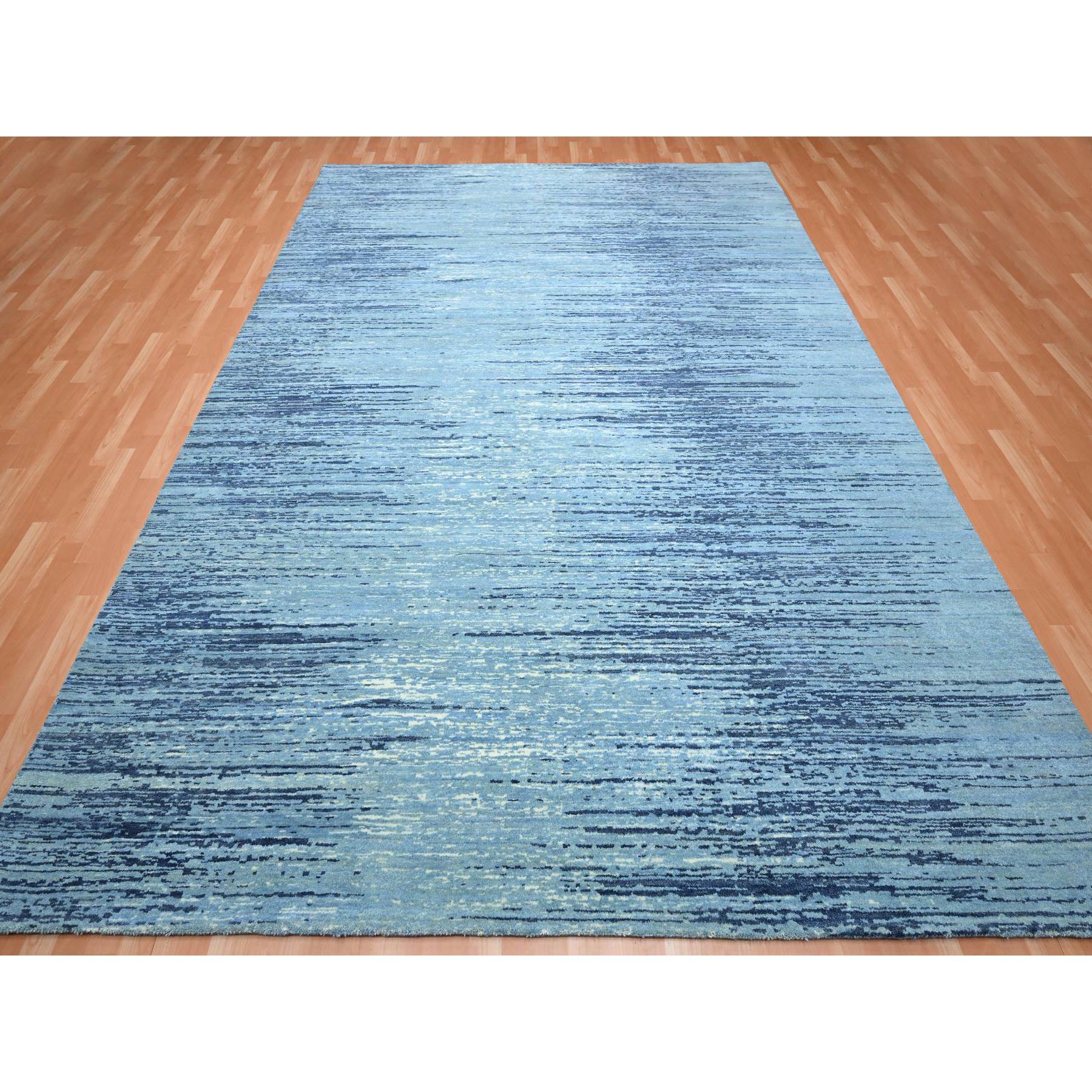 9'x12'3" Cerulean Blue, Pure Wool, Horizontal Ombre Design, Densely Woven, Hand Knotted, Oriental Rug Sh75518