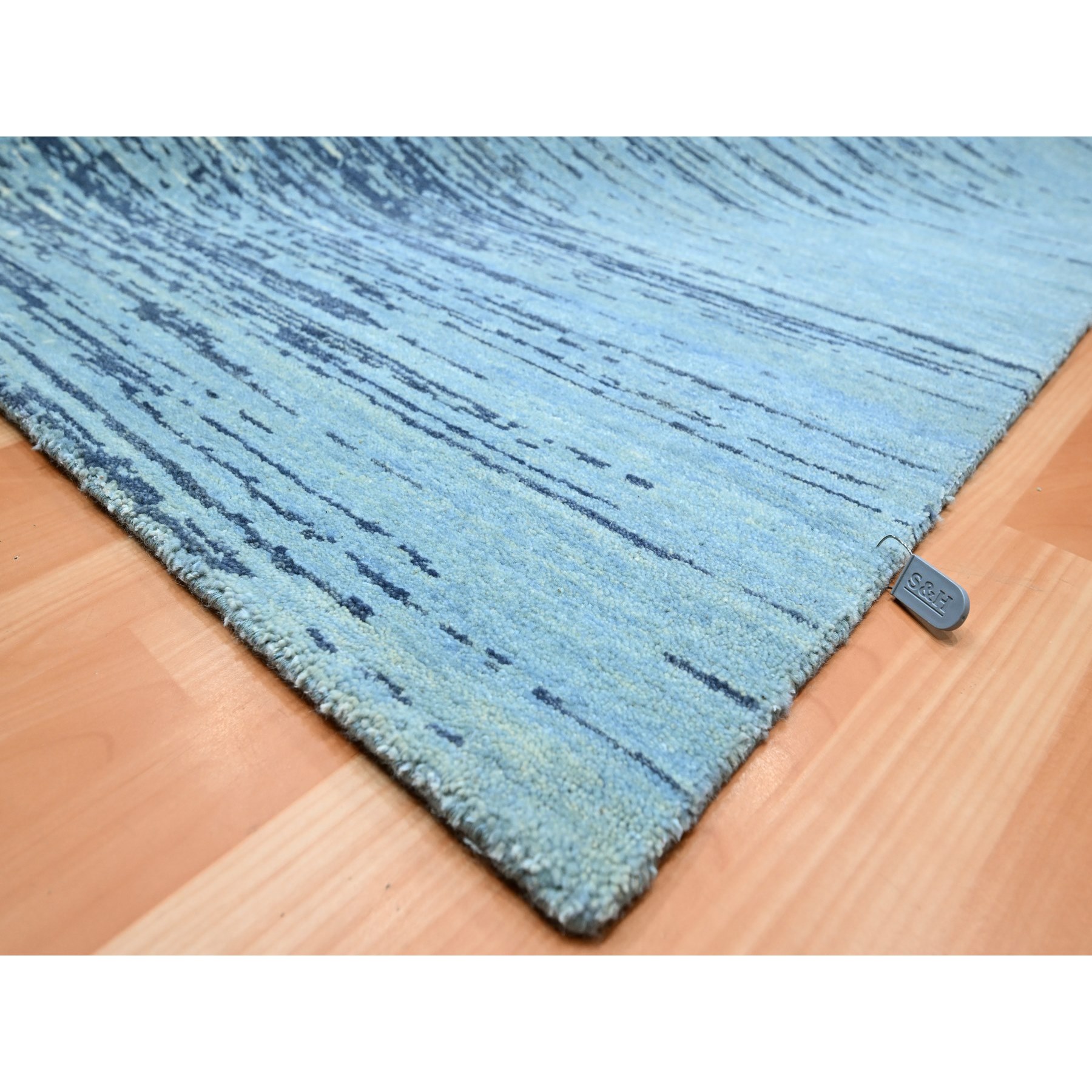 9'x12'3" Cerulean Blue, Pure Wool, Horizontal Ombre Design, Densely Woven, Hand Knotted, Oriental Rug Sh75518