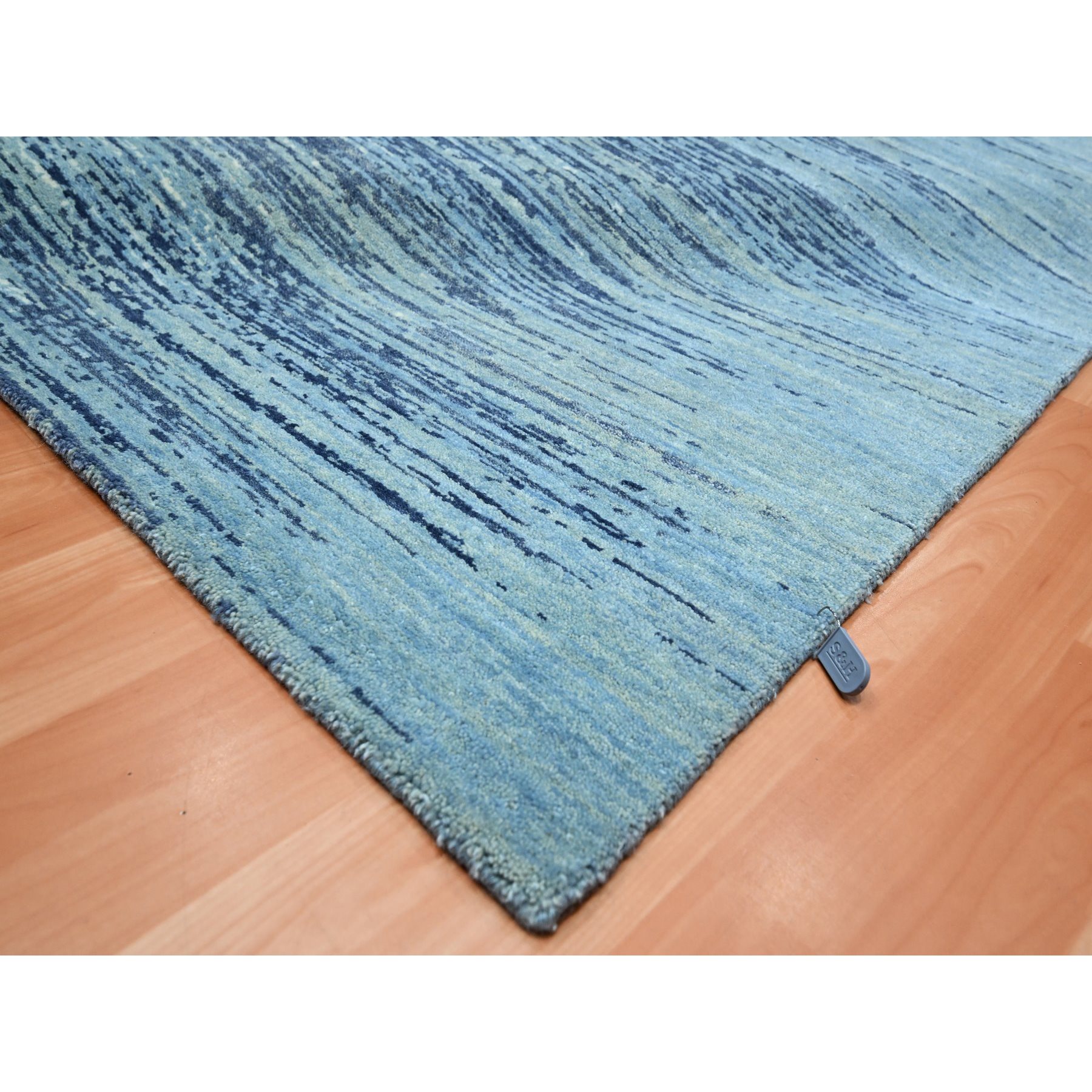 8'1"x10'4" Shades of Blue, Horizontal Ombre Design, Pure Wool, Hand Knotted, Oriental Rug Sh75519