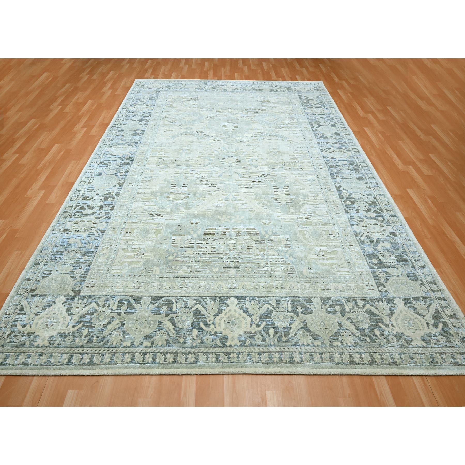 9'1"x12' Storm Gray, Silk and Oxidized Wool, Oushak Design with Geometric Pattern, Hand Knotted, Oriental Rug Sh75522