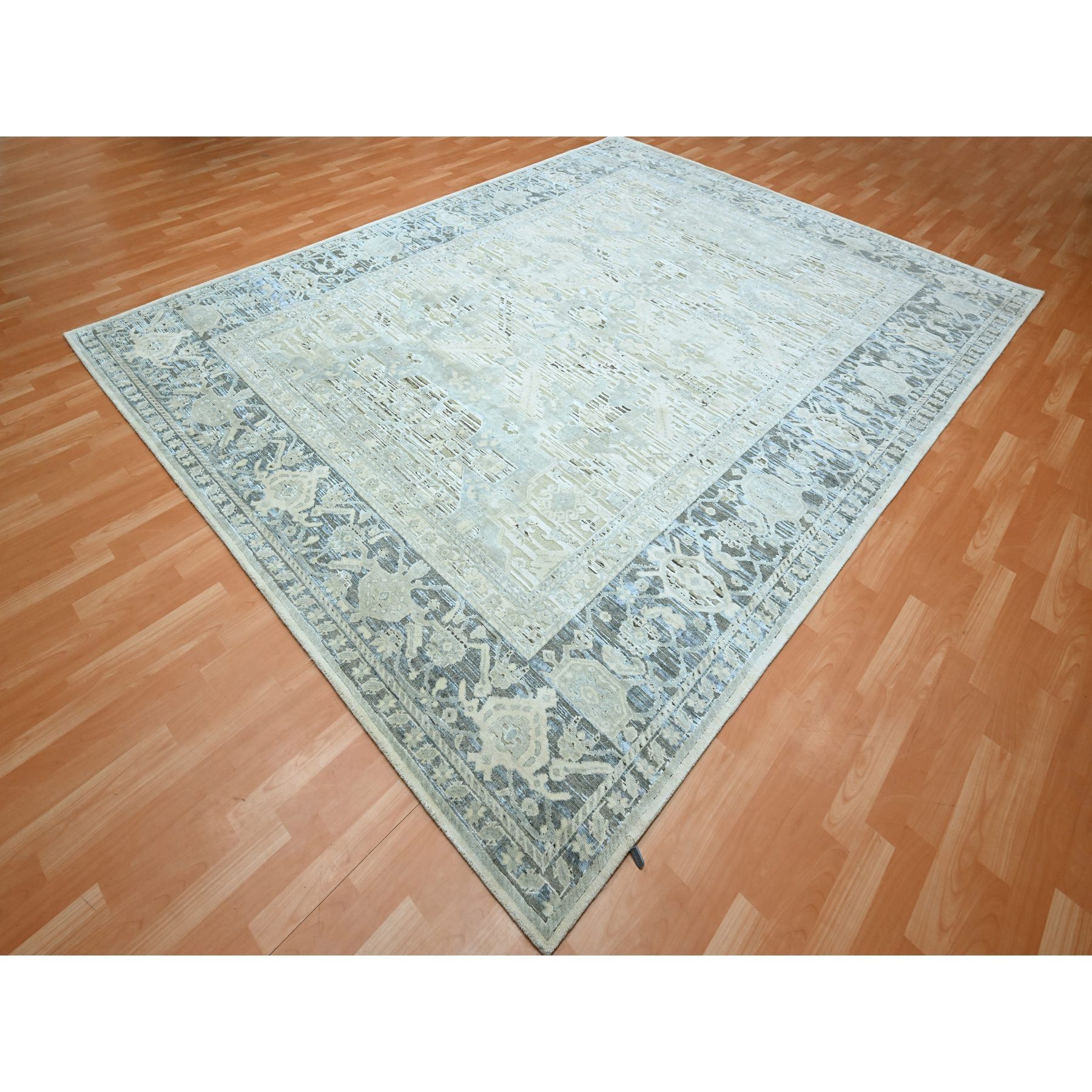 9'1"x12' Storm Gray, Silk and Oxidized Wool, Oushak Design with Geometric Pattern, Hand Knotted, Oriental Rug Sh75522