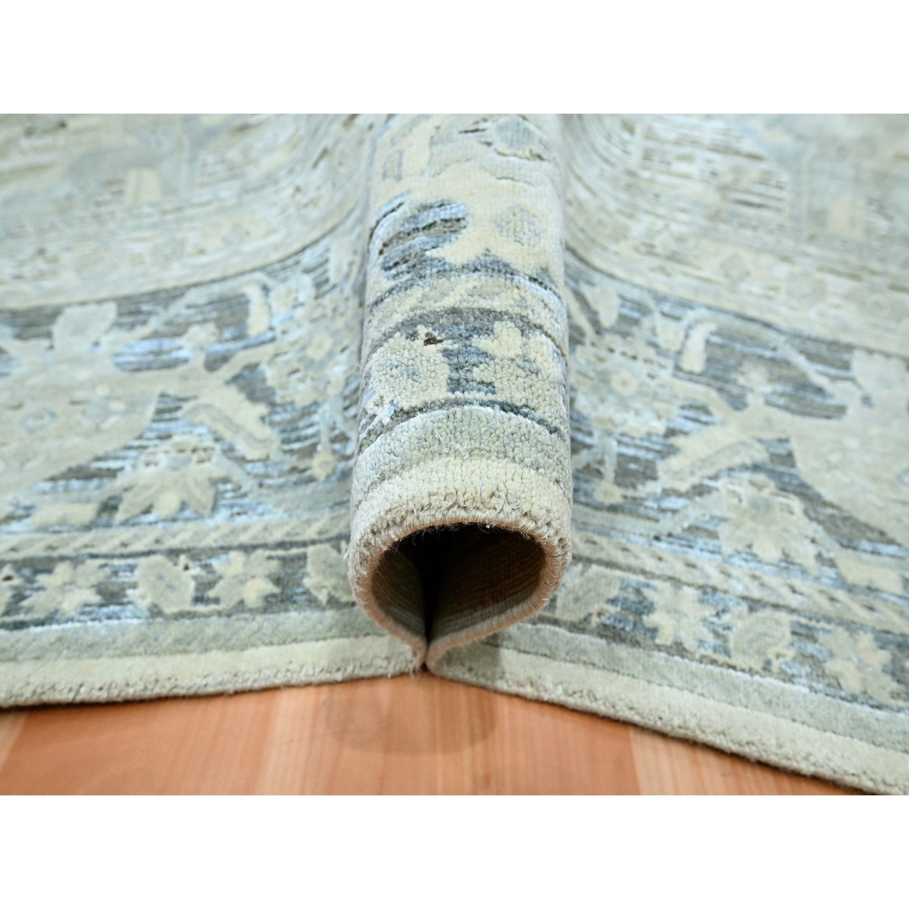 9'1"x12' Storm Gray, Silk and Oxidized Wool, Oushak Design with Geometric Pattern, Hand Knotted, Oriental Rug Sh75522