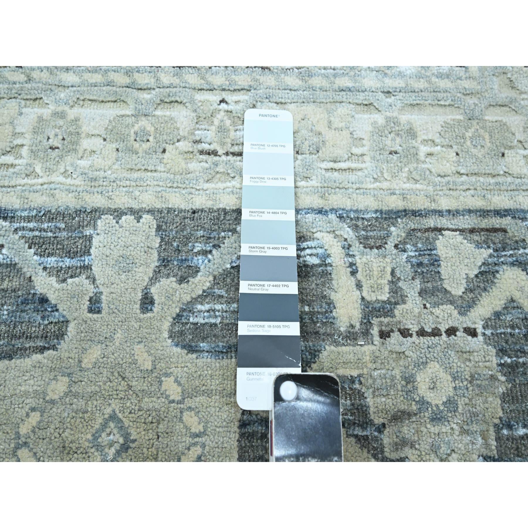 9'1"x12' Storm Gray, Silk and Oxidized Wool, Oushak Design with Geometric Pattern, Hand Knotted, Oriental Rug Sh75522
