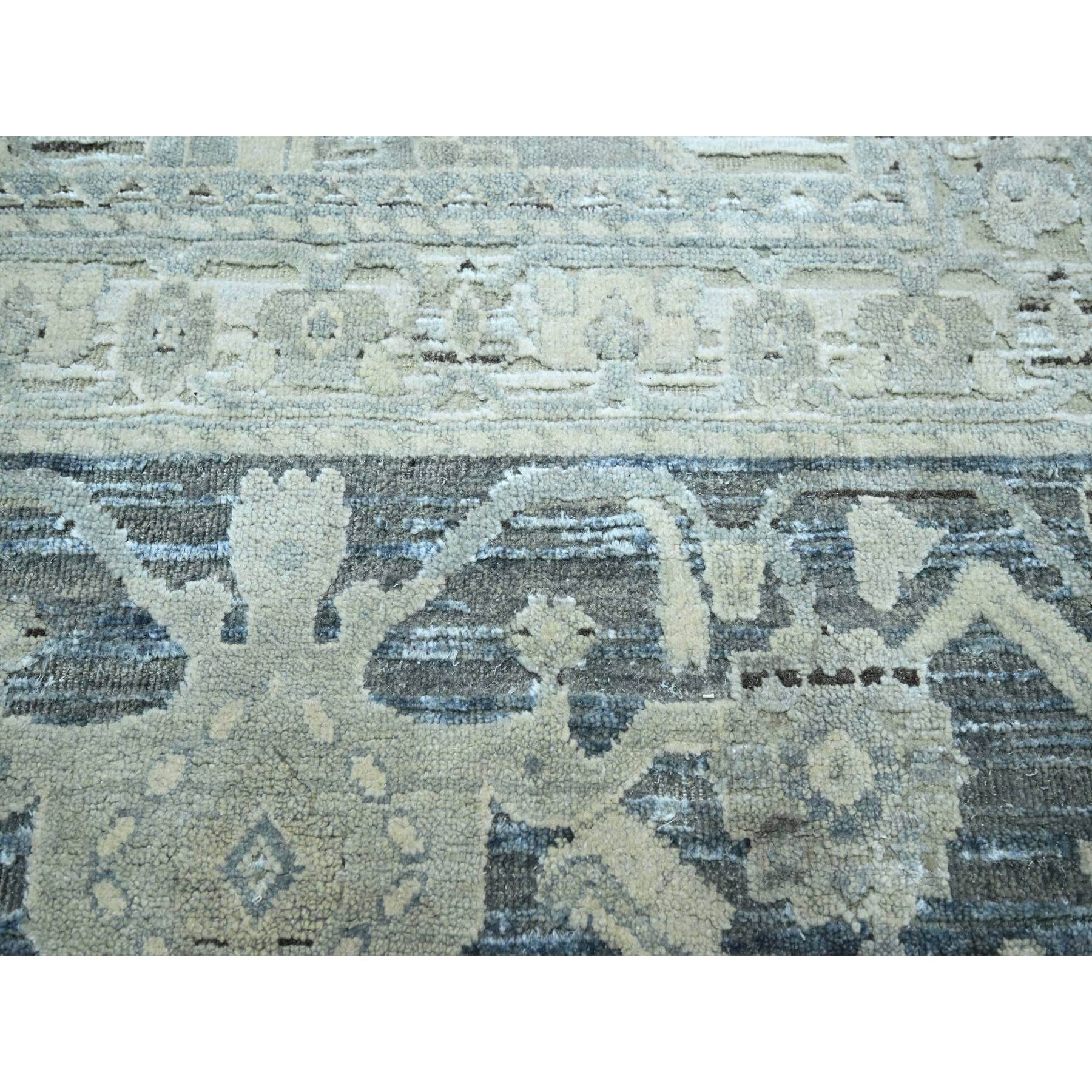 9'1"x12' Storm Gray, Silk and Oxidized Wool, Oushak Design with Geometric Pattern, Hand Knotted, Oriental Rug Sh75522