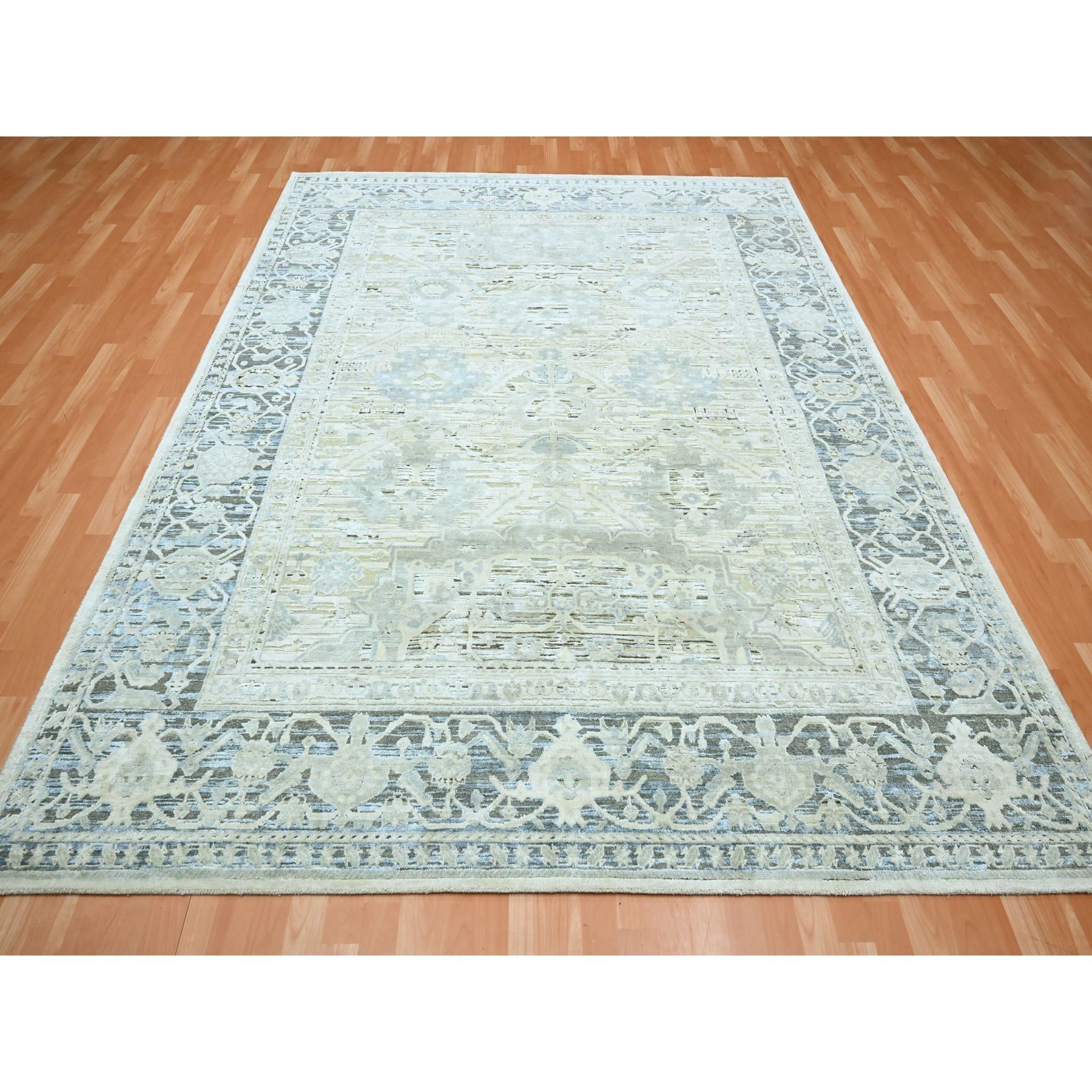 8'x9'10" Misty Gray, Hand Knotted, Oushak Design with Geometric Pattern, Denser Weave, Silk and Oxidized Wool, Oriental Rug Sh75523