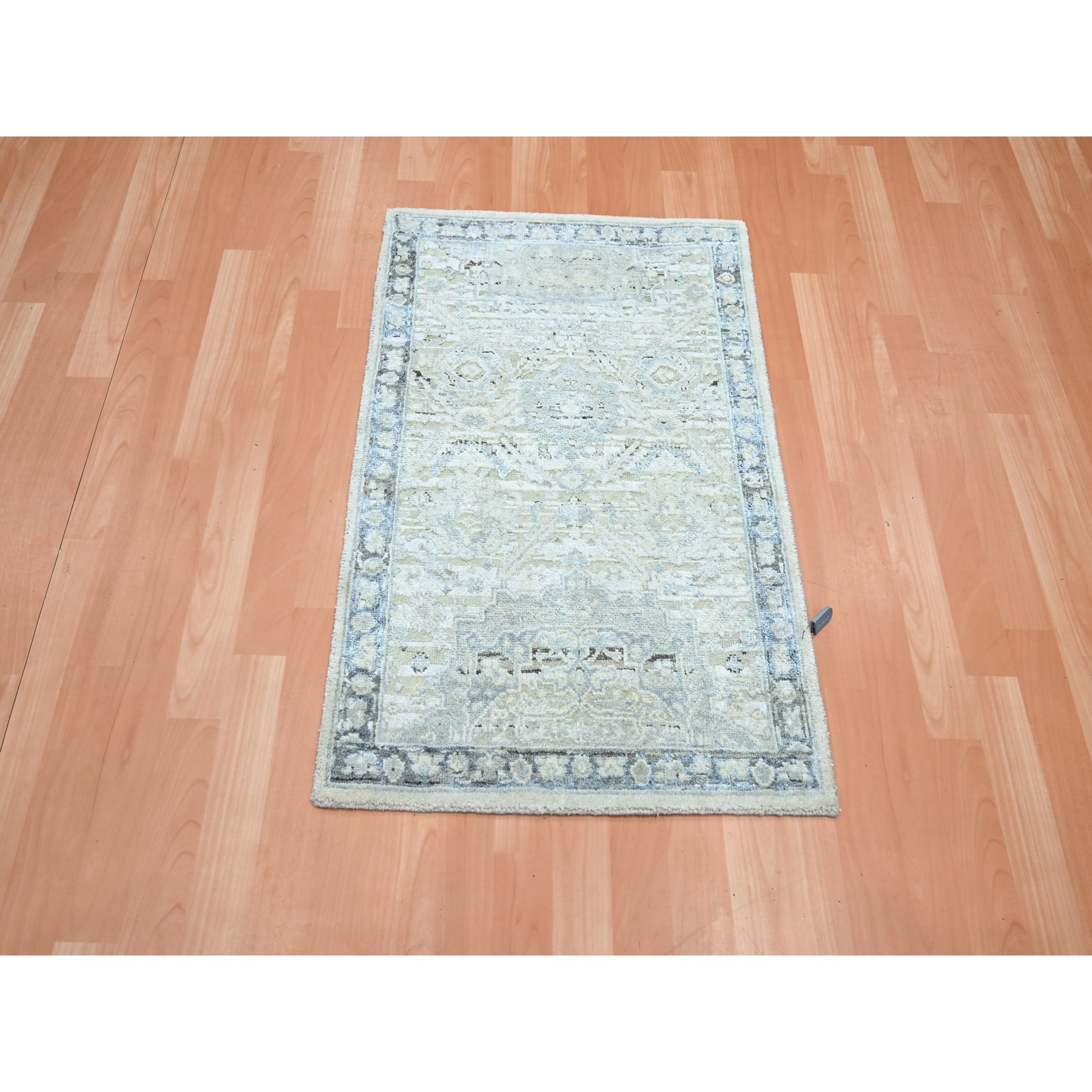 2'1"x3'2" Pastel Gray, Silk and Oxidized Wool, Oushak Design with Geometric Pattern, Hand Knotted, Mat, Oriental Rug Sh75525
