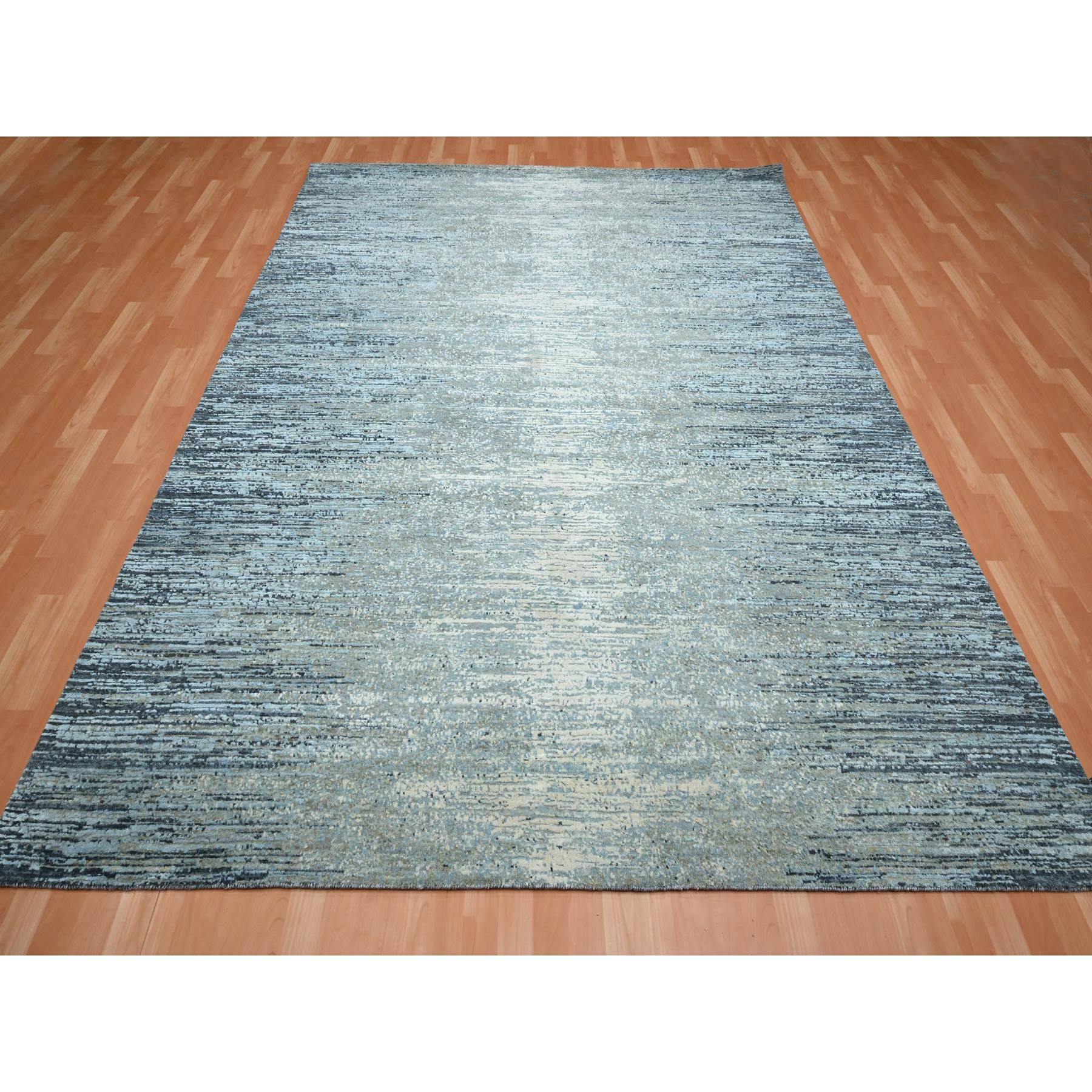 8'x10'1" Aegean Blue, Horizontal Ombre Design, Pure Wool, Soft Pile, Hand Knotted, Oriental Rug Sh75533