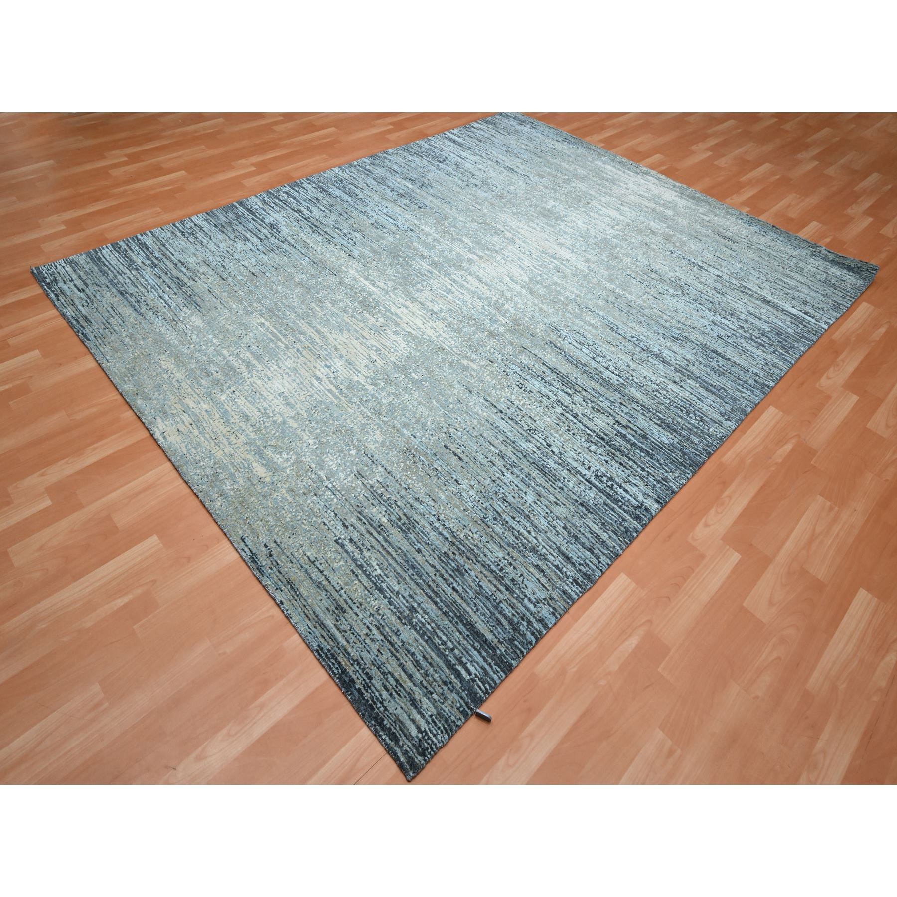 8'x10'1" Aegean Blue, Horizontal Ombre Design, Pure Wool, Soft Pile, Hand Knotted, Oriental Rug Sh75533