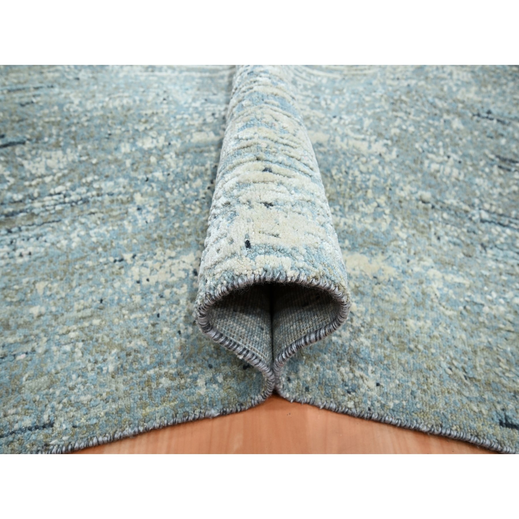 8'x10'1" Aegean Blue, Horizontal Ombre Design, Pure Wool, Soft Pile, Hand Knotted, Oriental Rug Sh75533