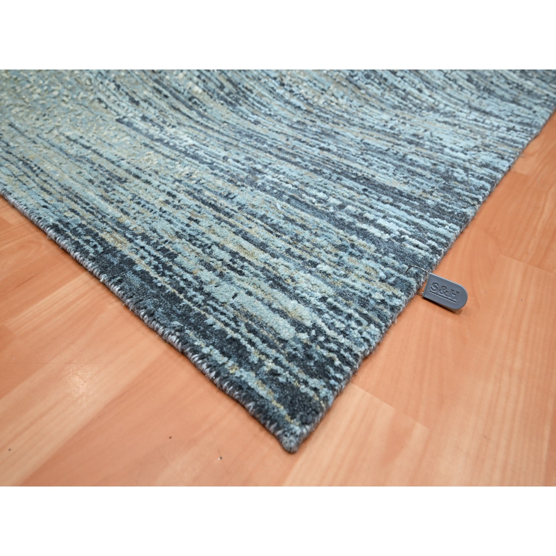 8'x10'1" Aegean Blue, Horizontal Ombre Design, Pure Wool, Soft Pile, Hand Knotted, Oriental Rug Sh75533