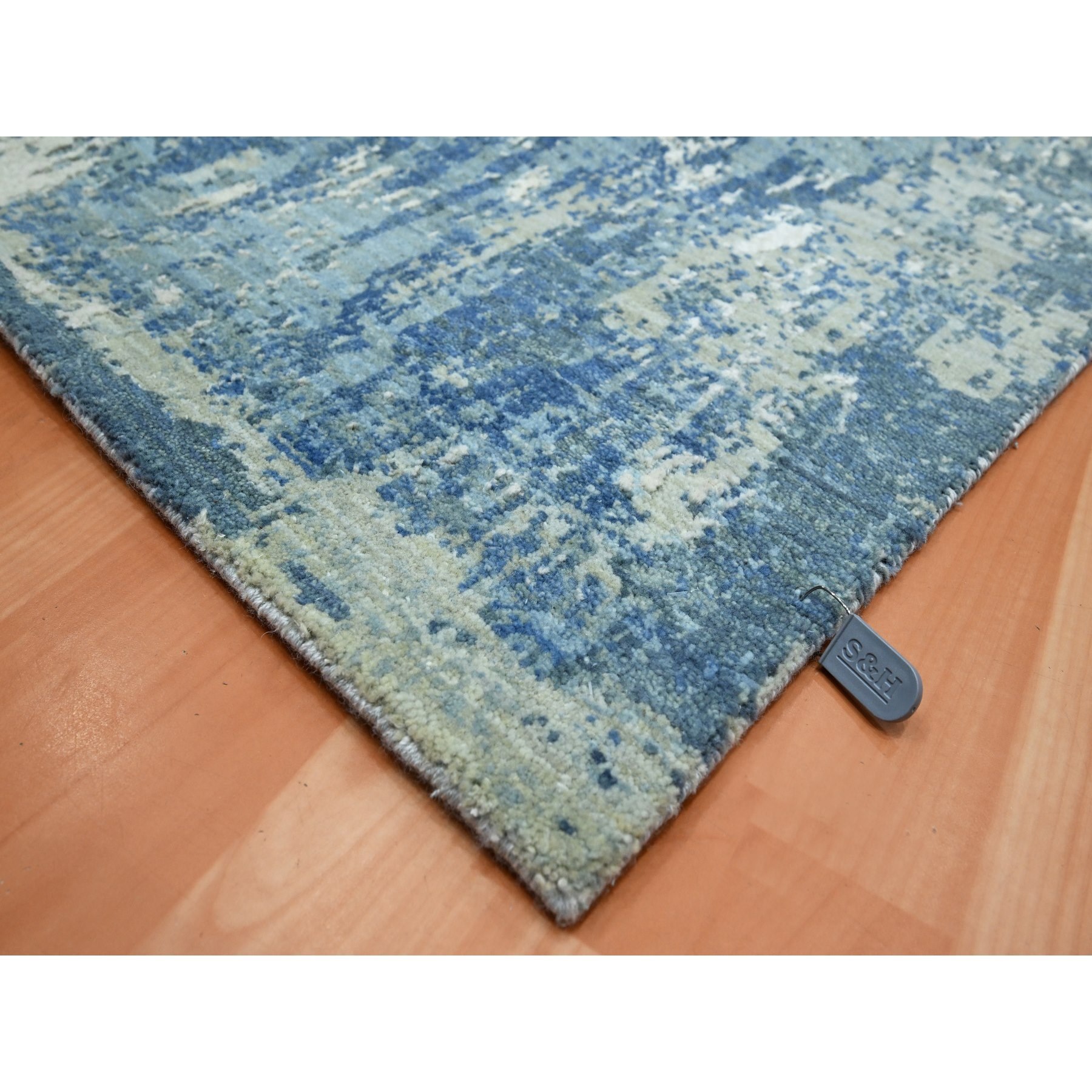 6'x9'2" Cerulean Blue, Abstract Design, Denser Weave, Hi-Low Pile, Wool and Real Silk, Hand Knotted, Oriental Rug Sh75534