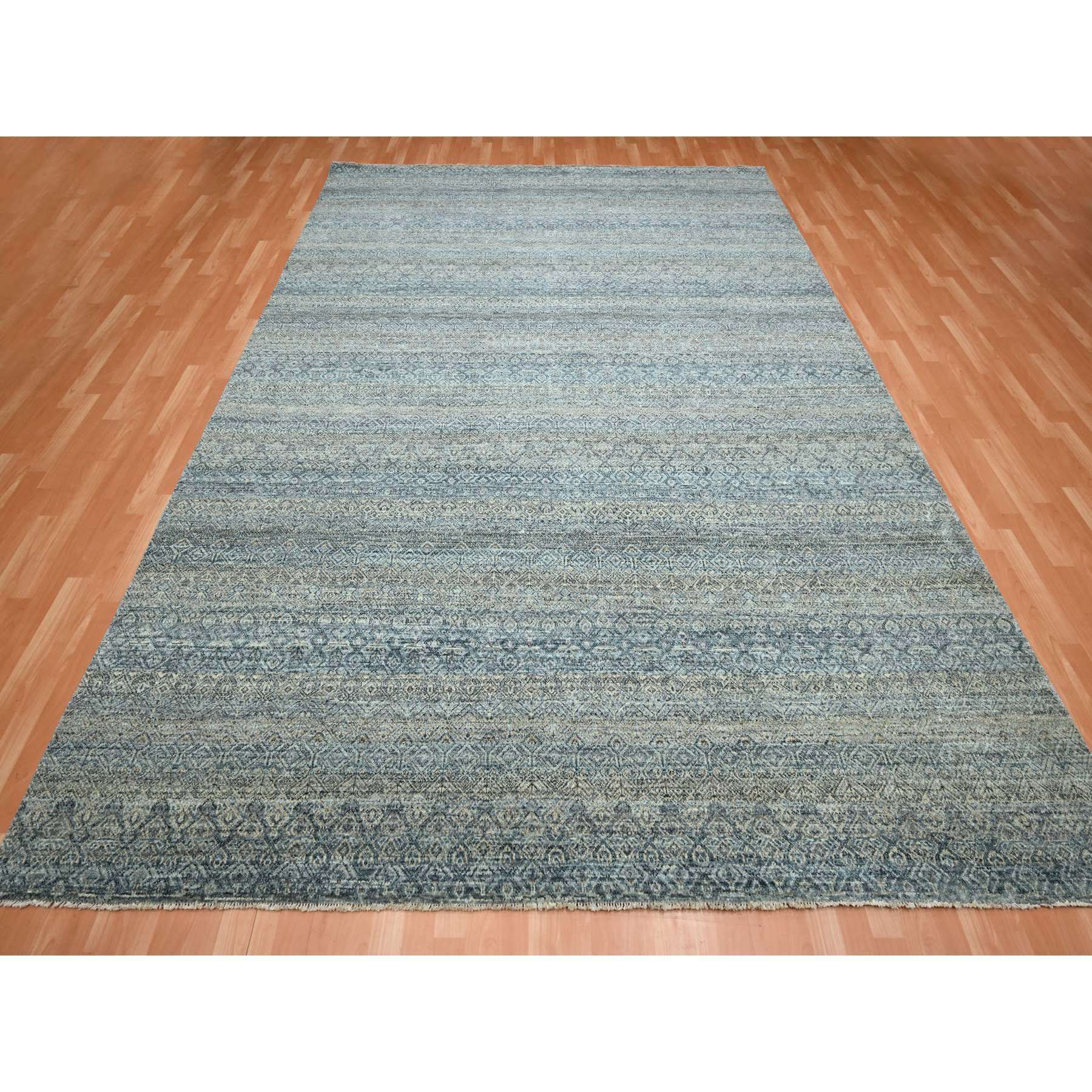 9'x12'2" Marengo Gray with Blue, Kohinoor Herat Pattern, Small Geometric Repetitive Diamond Design, Soft and Shiny Wool, Hand Knotted, Oriental Rug Sh75546