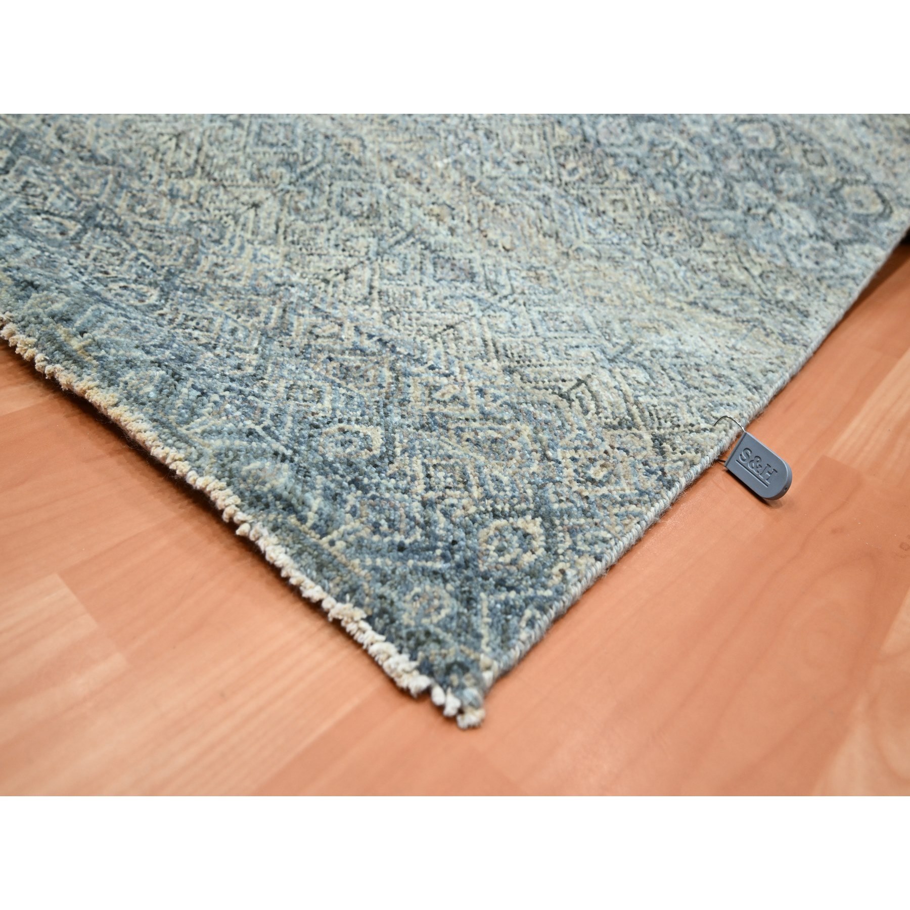 9'x12'2" Marengo Gray with Blue, Kohinoor Herat Pattern, Small Geometric Repetitive Diamond Design, Soft and Shiny Wool, Hand Knotted, Oriental Rug Sh75546