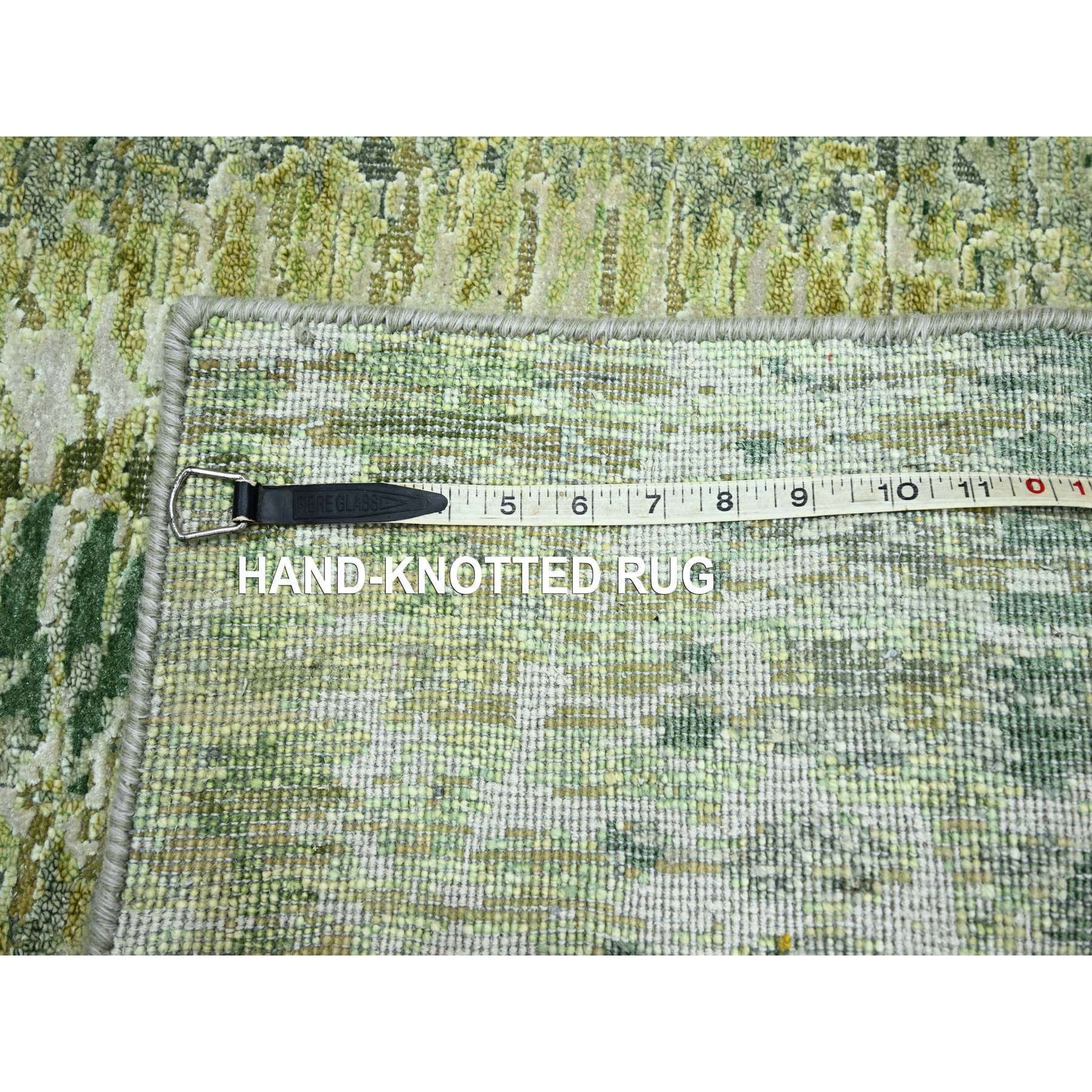 2'5"x8'3" Shades of Green, Soft to the Touch, 100% Silk, Hand Knotted, Crocodile Safari Design, Runner, Oriental Rug Sh75548