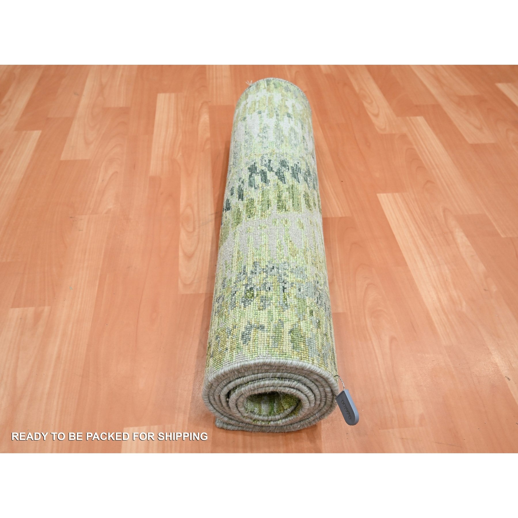 2'5"x8'3" Shades of Green, Soft to the Touch, 100% Silk, Hand Knotted, Crocodile Safari Design, Runner, Oriental Rug Sh75548