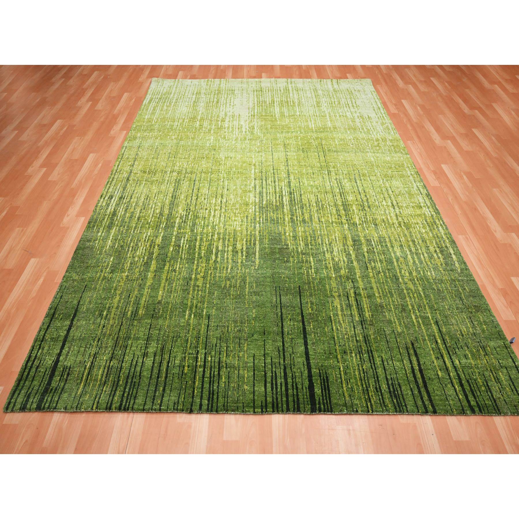 8'x10'1" Pickle Green, Vertical Ombre Design, Hand Knotted, Soft and Vibrant Wool, Densely Woven, Oriental Rug Sh75550
