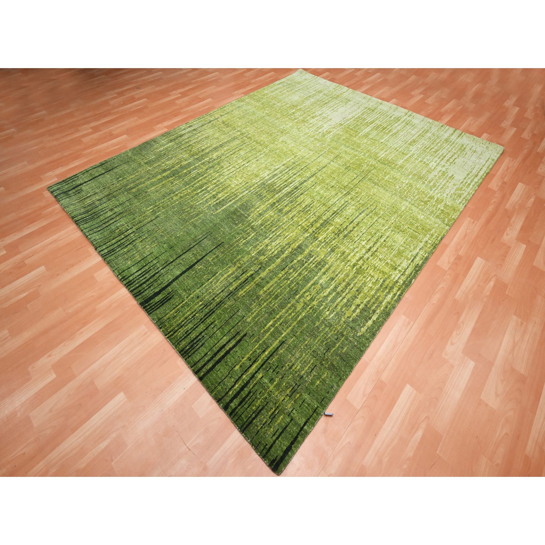 8'x10'1" Pickle Green, Vertical Ombre Design, Hand Knotted, Soft and Vibrant Wool, Densely Woven, Oriental Rug Sh75550