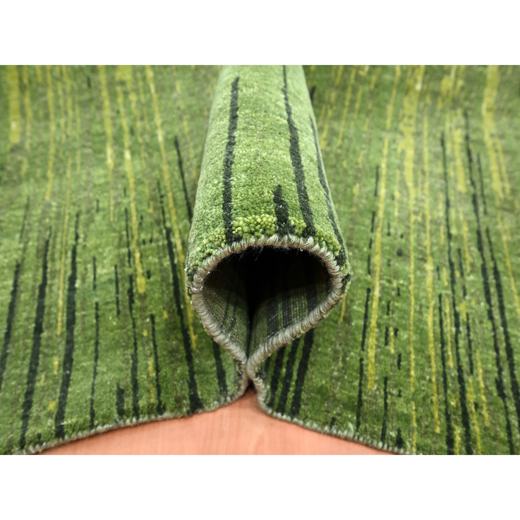 8'x10'1" Pickle Green, Vertical Ombre Design, Hand Knotted, Soft and Vibrant Wool, Densely Woven, Oriental Rug Sh75550
