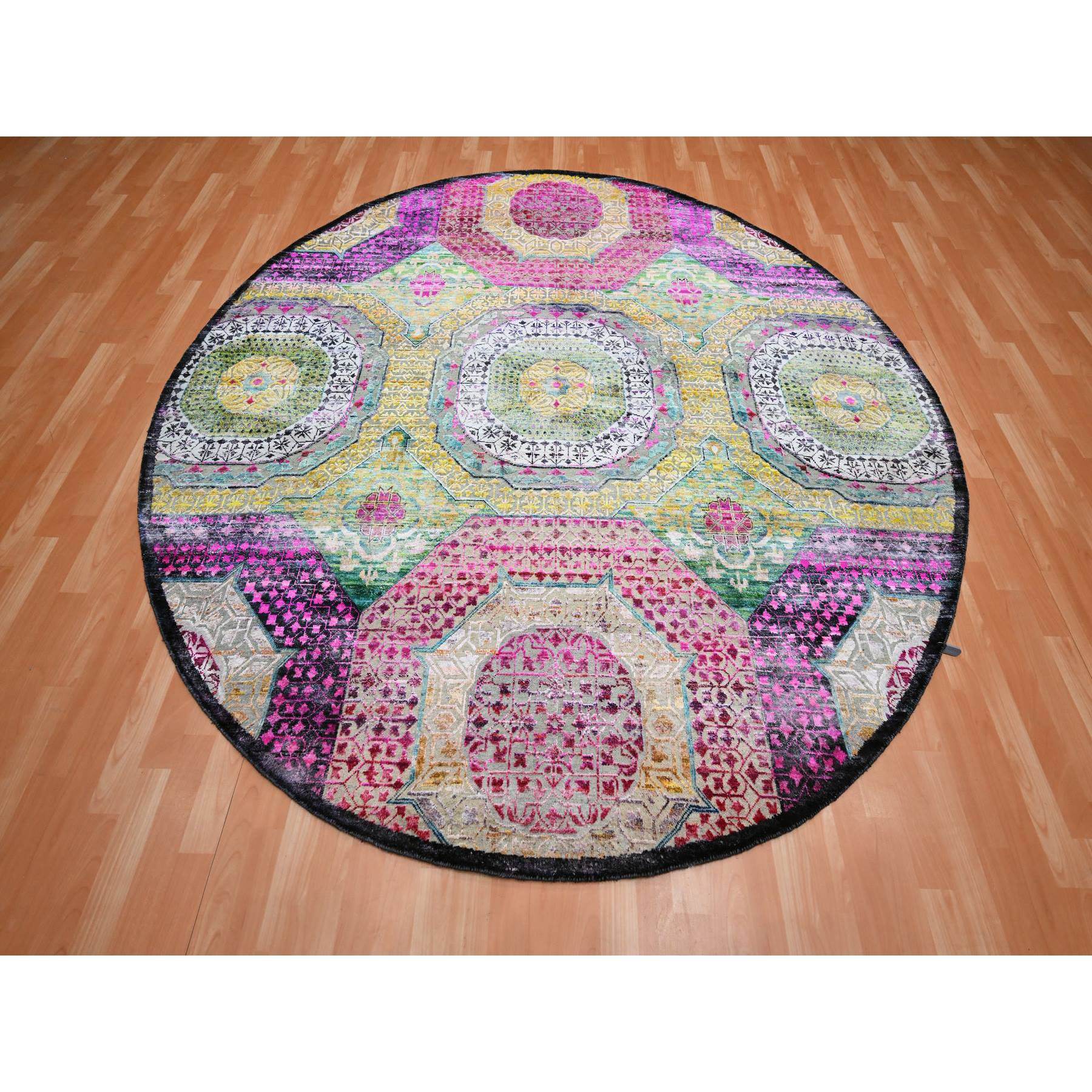 8'1"x8'1" Pastel Yellow with Pink, Mamluk Design, Sari Silk with Textured Wool, Hand Knotted, Round, Oriental Rug Sh75552
