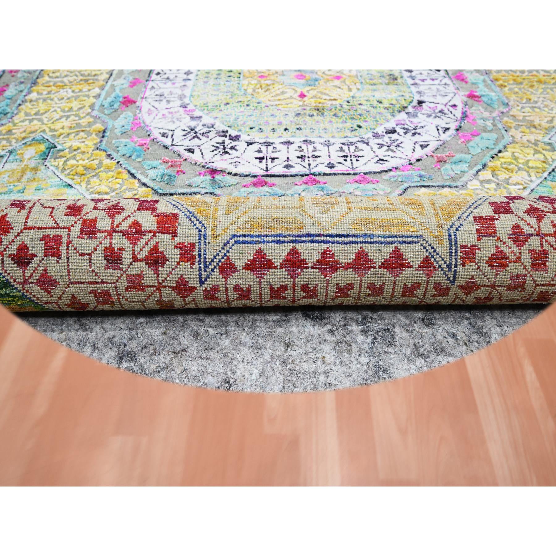 8'1"x8'1" Pastel Yellow with Pink, Mamluk Design, Sari Silk with Textured Wool, Hand Knotted, Round, Oriental Rug Sh75552