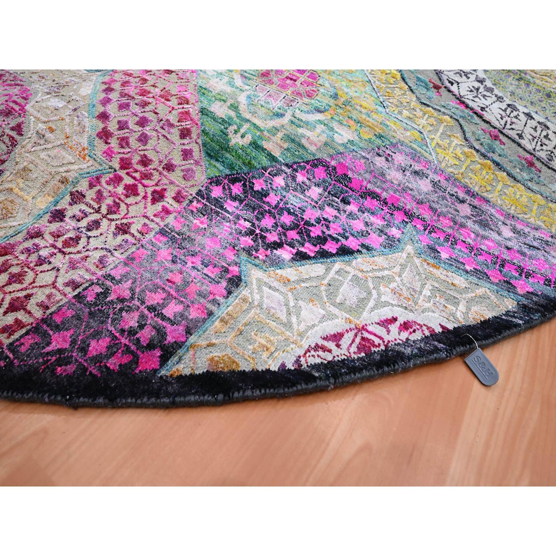 8'1"x8'1" Pastel Yellow with Pink, Mamluk Design, Sari Silk with Textured Wool, Hand Knotted, Round, Oriental Rug Sh75552