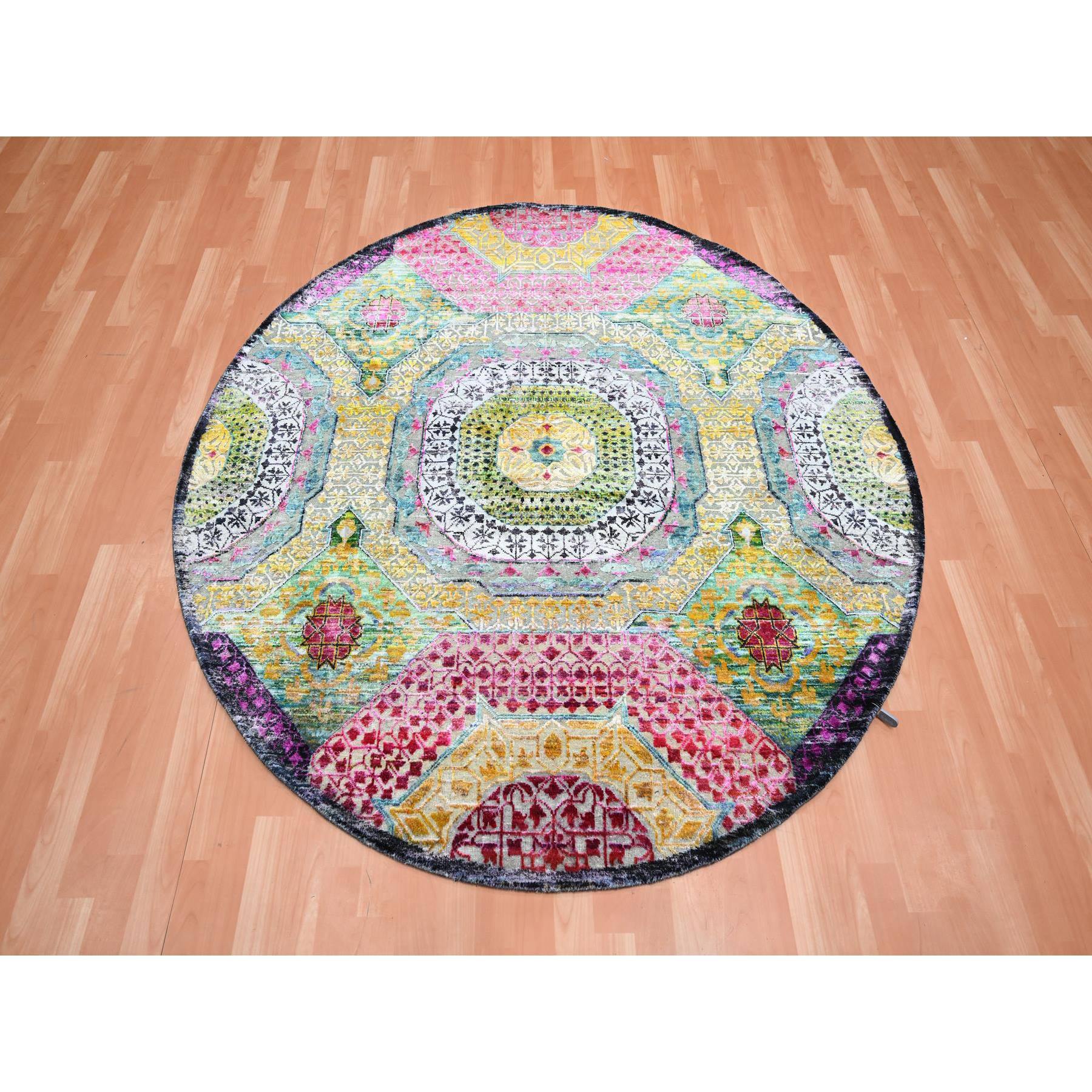 6'1"x6'1" Golden Yellow with Pink, Hand Knotted, Colorful Mamluk Design, Sari Silk with Textured Wool, Round, Oriental Rug Sh75553