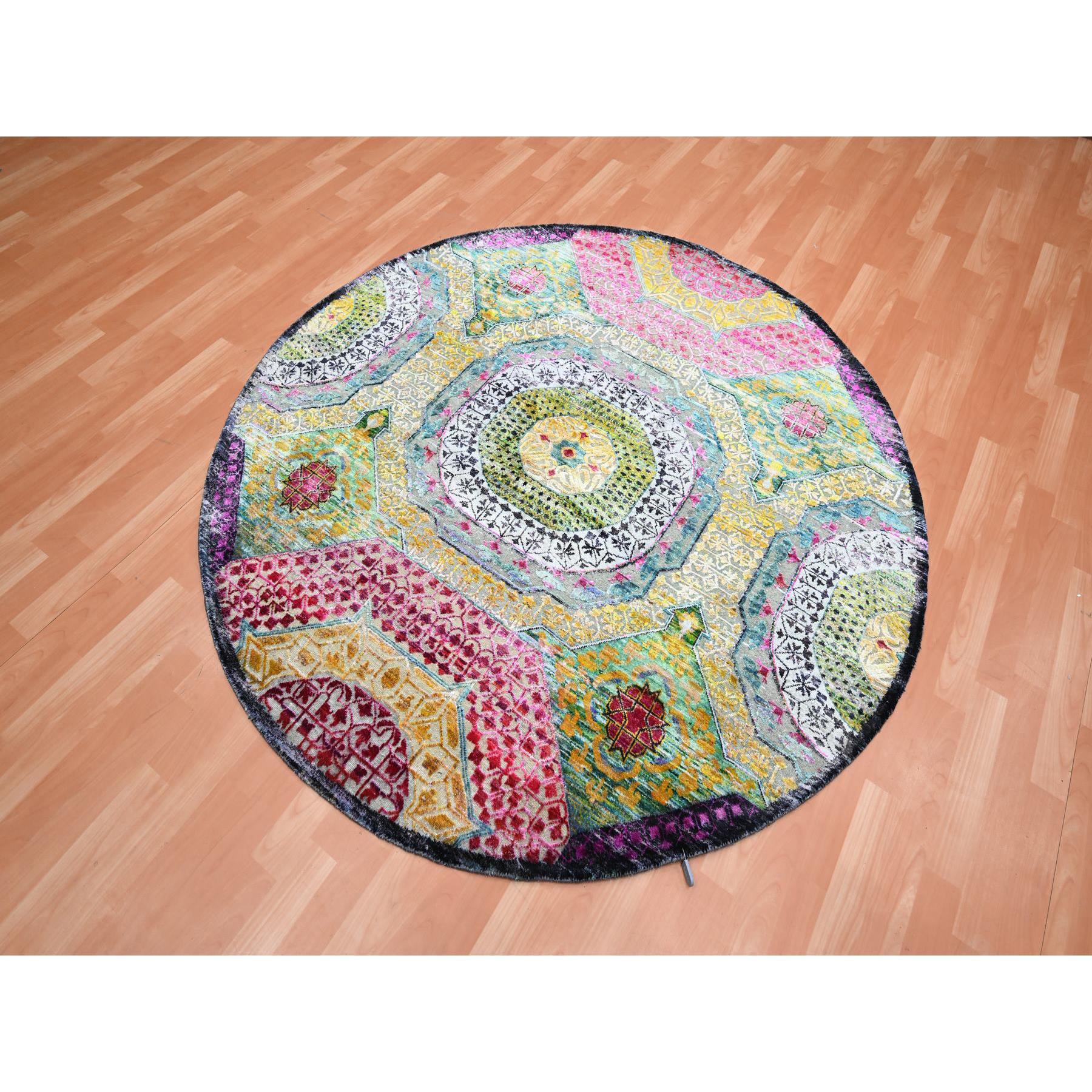 6'1"x6'1" Golden Yellow with Pink, Hand Knotted, Colorful Mamluk Design, Sari Silk with Textured Wool, Round, Oriental Rug Sh75553