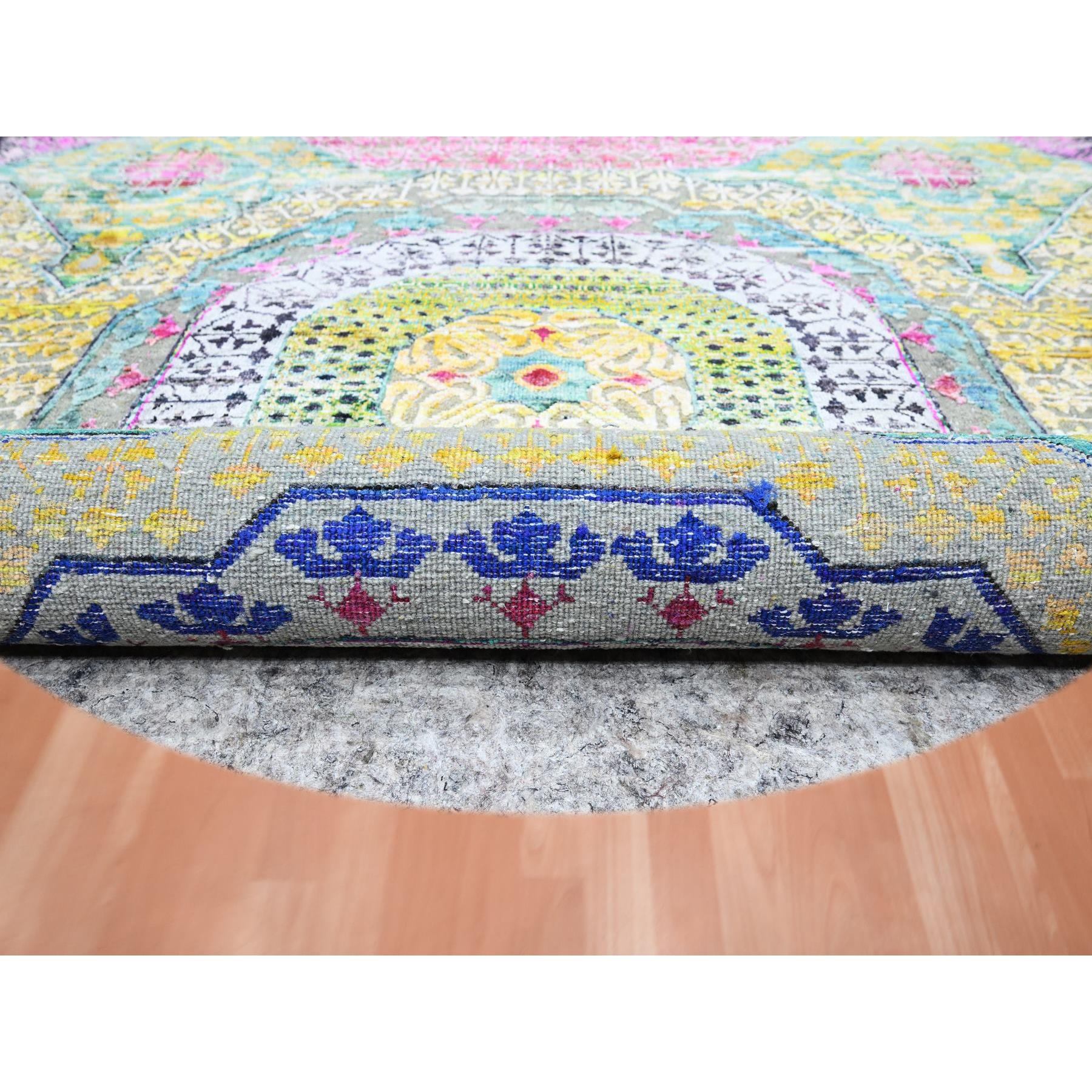 6'1"x6'1" Golden Yellow with Pink, Hand Knotted, Colorful Mamluk Design, Sari Silk with Textured Wool, Round, Oriental Rug Sh75553