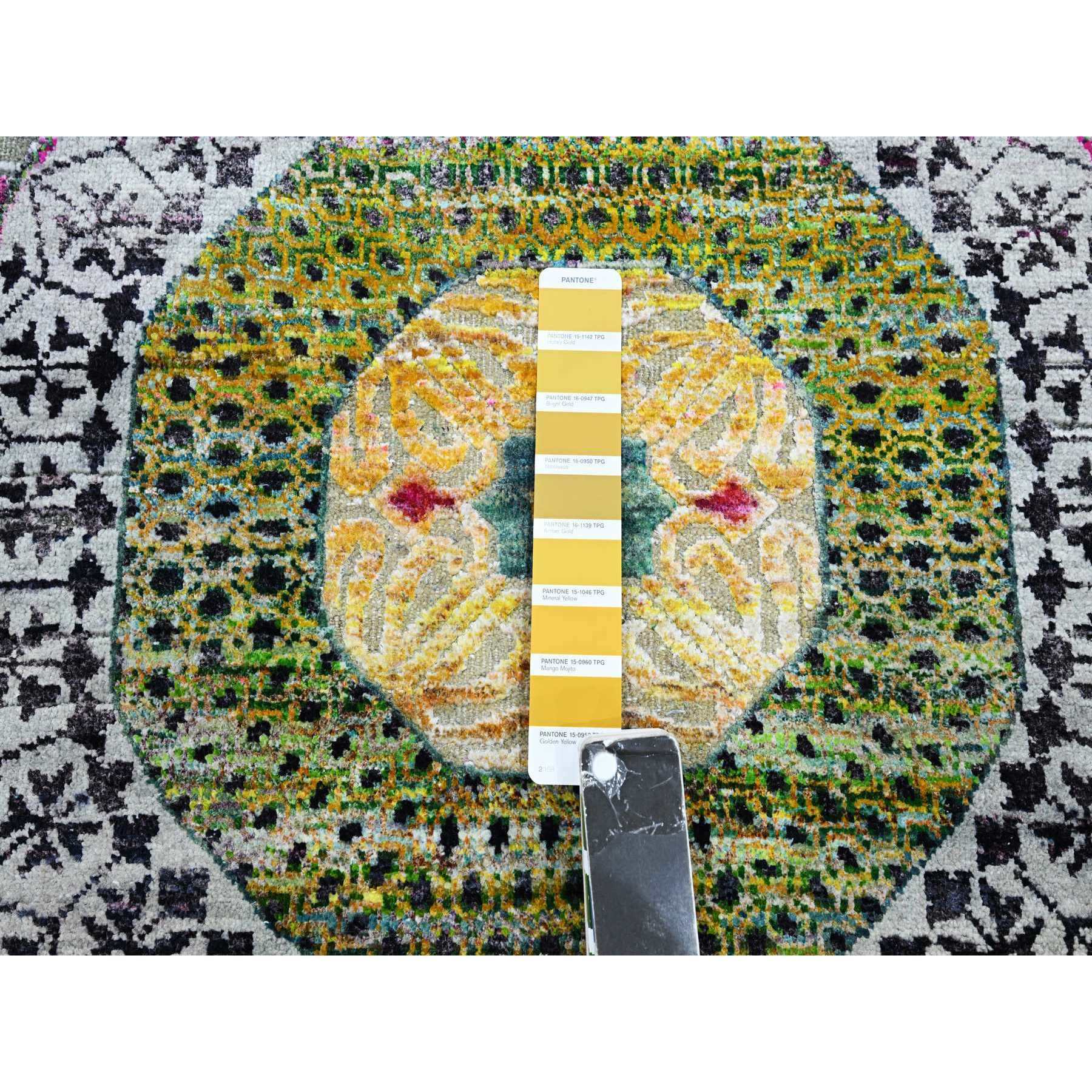 6'1"x6'1" Golden Yellow with Pink, Hand Knotted, Colorful Mamluk Design, Sari Silk with Textured Wool, Round, Oriental Rug Sh75553