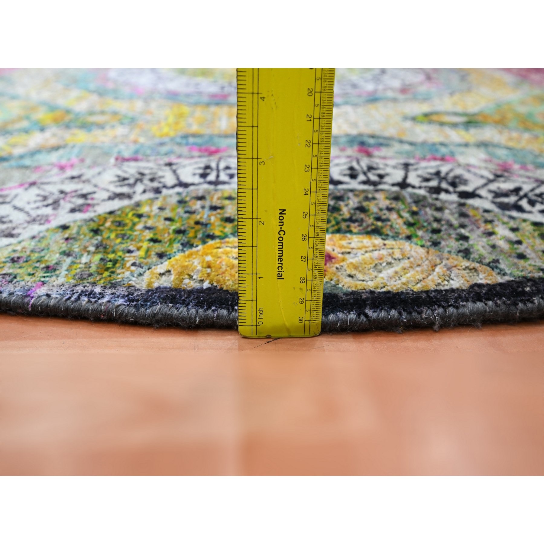 6'1"x6'1" Golden Yellow with Pink, Hand Knotted, Colorful Mamluk Design, Sari Silk with Textured Wool, Round, Oriental Rug Sh75553