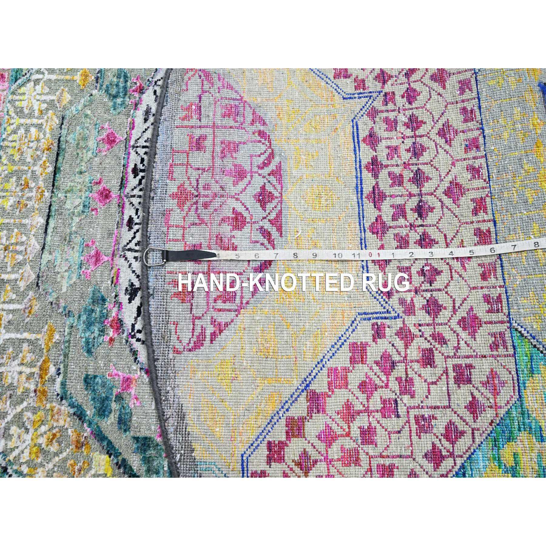 6'1"x6'1" Golden Yellow with Pink, Hand Knotted, Colorful Mamluk Design, Sari Silk with Textured Wool, Round, Oriental Rug Sh75553