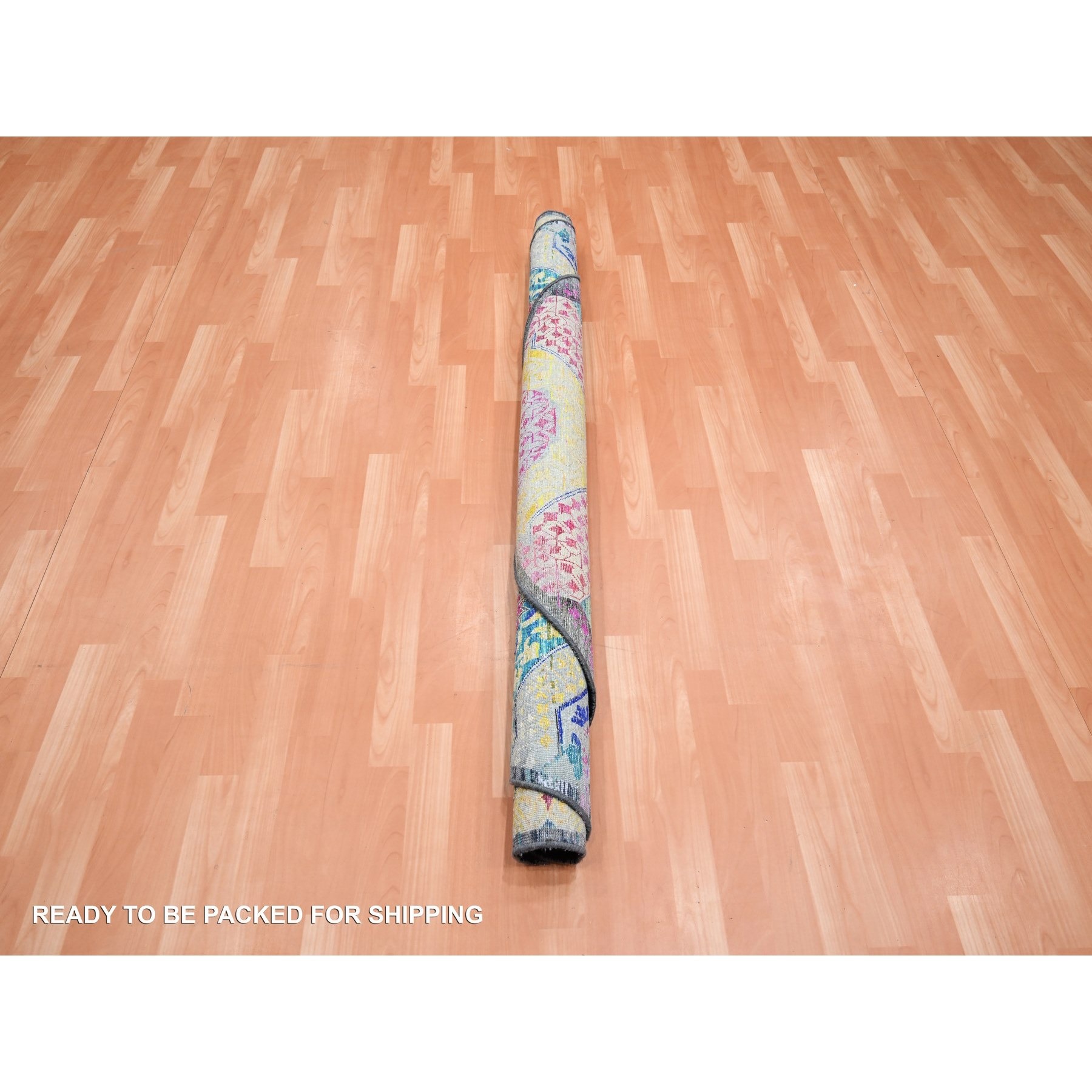6'1"x6'1" Golden Yellow with Pink, Hand Knotted, Colorful Mamluk Design, Sari Silk with Textured Wool, Round, Oriental Rug Sh75553